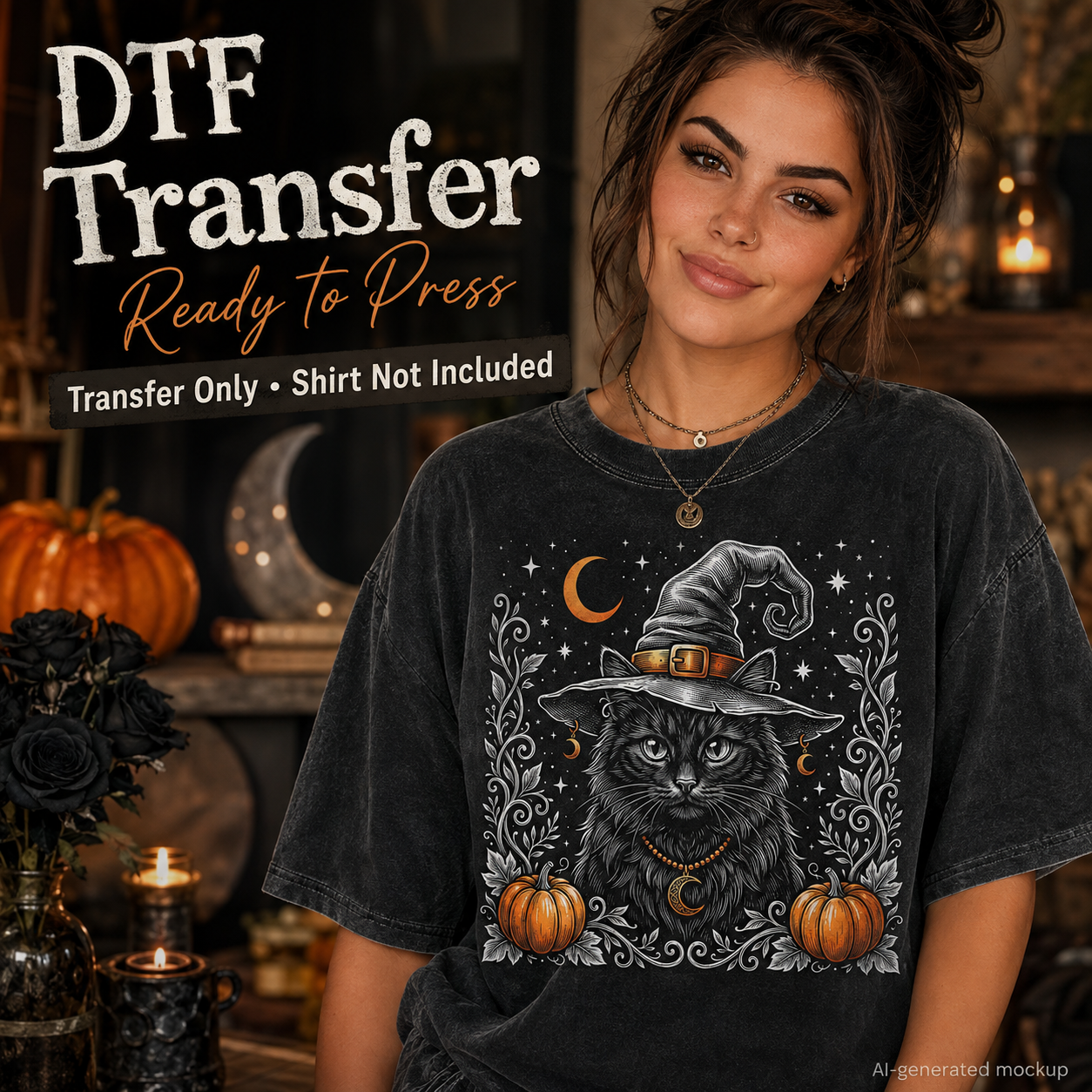 A woman wearing a faded black graphic T-shirt with a Halloween cat design, posed in a dark, moody indoor setting with candles, pumpkins, and black roses. Text on the top left reads 'DTF Transfer Ready to Press' and 'Transfer Only • Shirt Not Included,' indicating this is a mockup for a transfer design rather than a standard product listing.