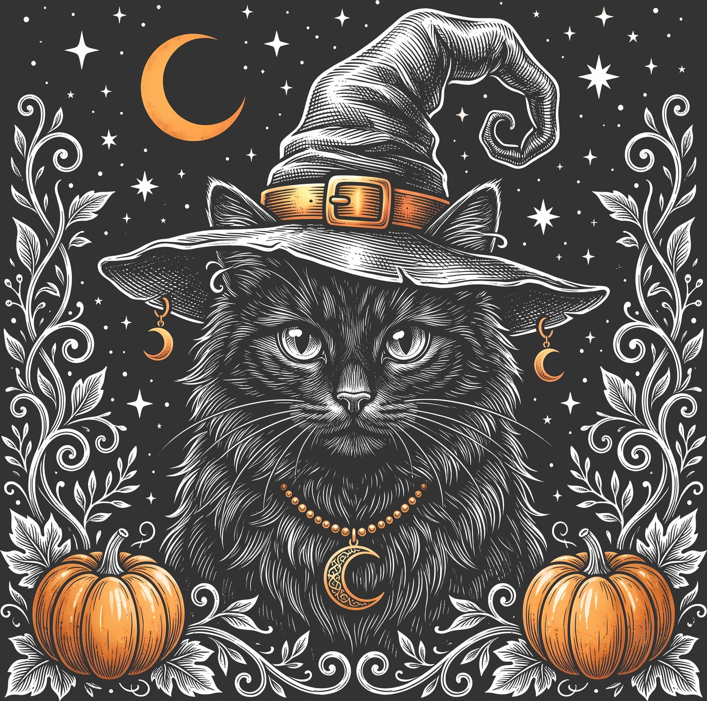 A stylized black-and-white illustration of a cat wearing a witch hat, with orange crescent moons, stars, pumpkins, and ornate floral scrollwork on a dark background.