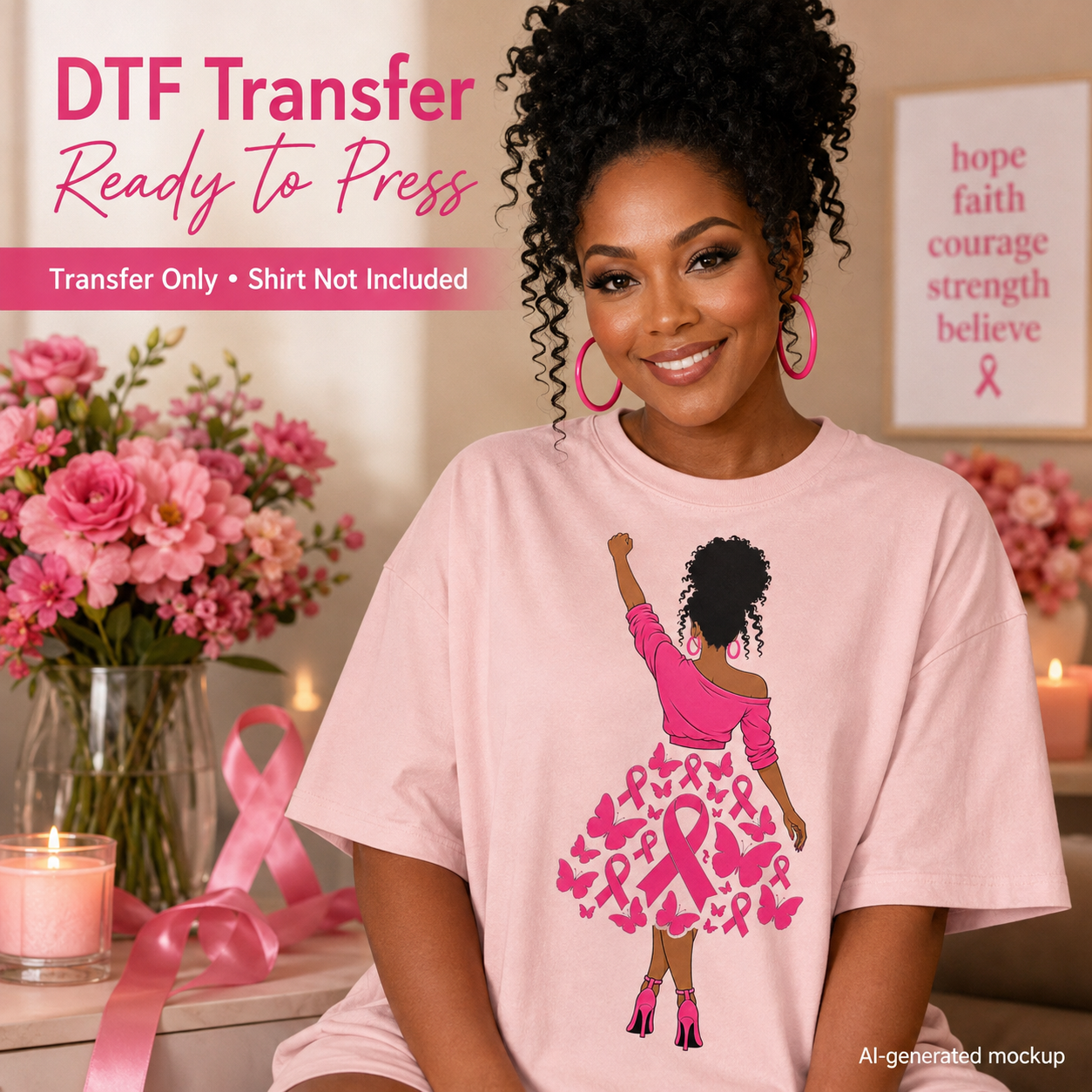 A woman wearing a light pink T-shirt with a graphic of a Black woman in a pink dress made of pink awareness ribbons, posed in a decorated room with pink roses, candles, and a sign that reads 'hope faith courage strength believe'. Text overlays read 'DTF Transfer Ready to Press' and 'Transfer Only • Shirt Not Included'.