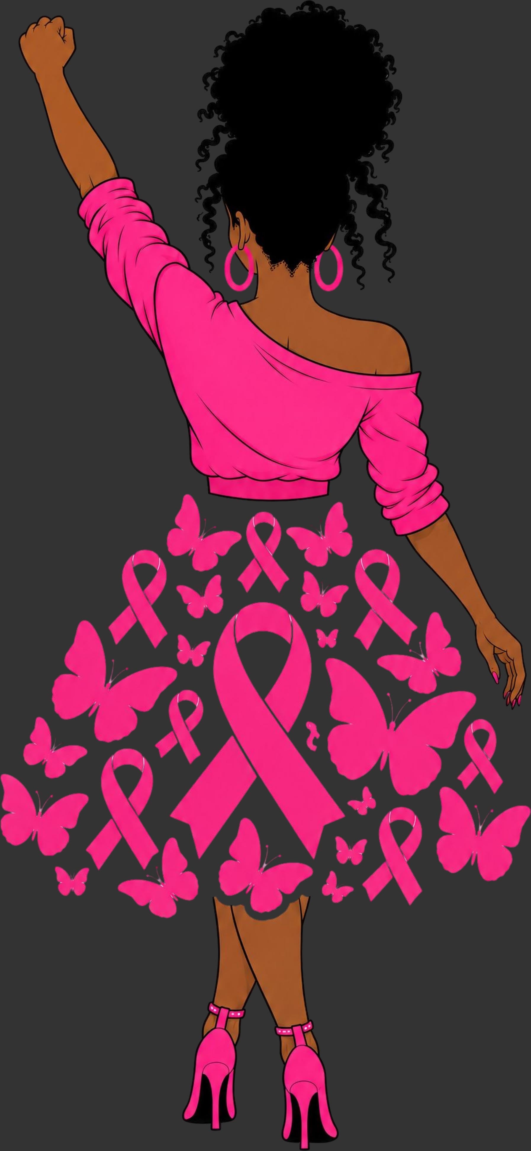 A stylized illustration of a woman from behind wearing a bright pink off-the-shoulder top and a flared skirt covered in pink awareness ribbons and butterflies, with matching pink high heels, on a dark gray background.