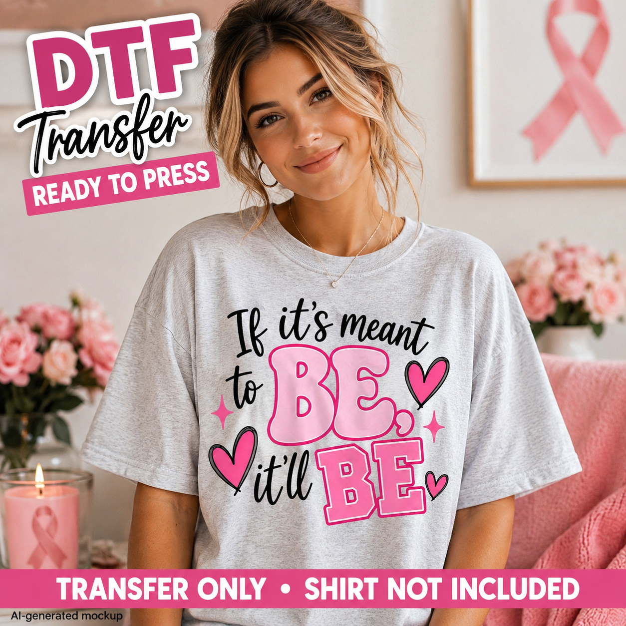 A woman wearing a light gray T-shirt with a pink and black 'If it's meant to BE, it'll BE' DTF transfer graphic, posed in a pink-themed room with floral decor. Text overlays indicate 'DTF Transfer Ready to Press' and 'TRANSFER ONLY • SHIRT NOT INCLUDED'.