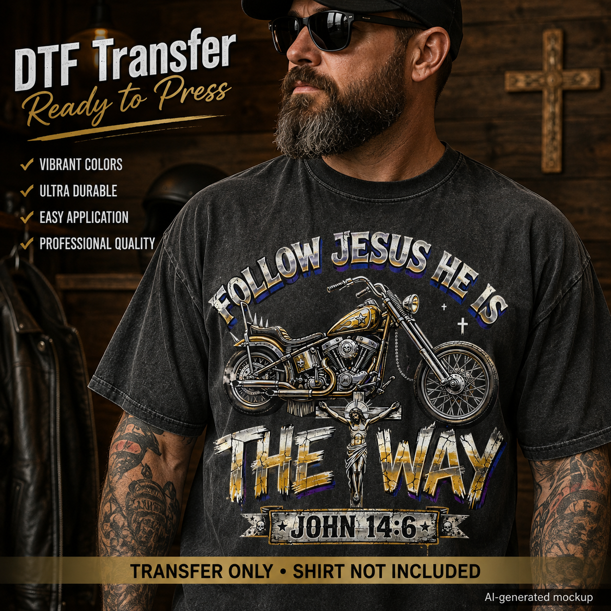 A man wearing a faded black graphic t-shirt with a motorcycle and the text 'FOLLOW JESUS HE IS THE WAY JOHN 14:6'. The image is a promotional mockup for a DTF (Direct to Film) transfer, showing text overlays detailing product features and specifications.