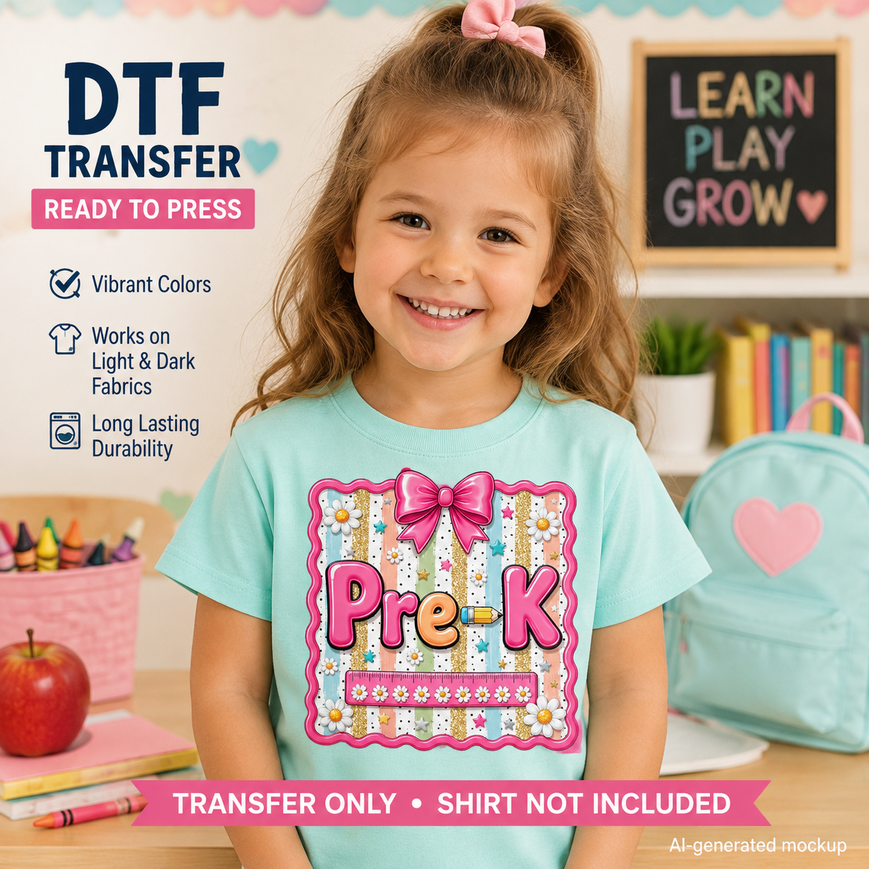 Pre-K DTF transfer mockup on turquoise T-shirt with pink bow daisies ruler pencil and colorful school details