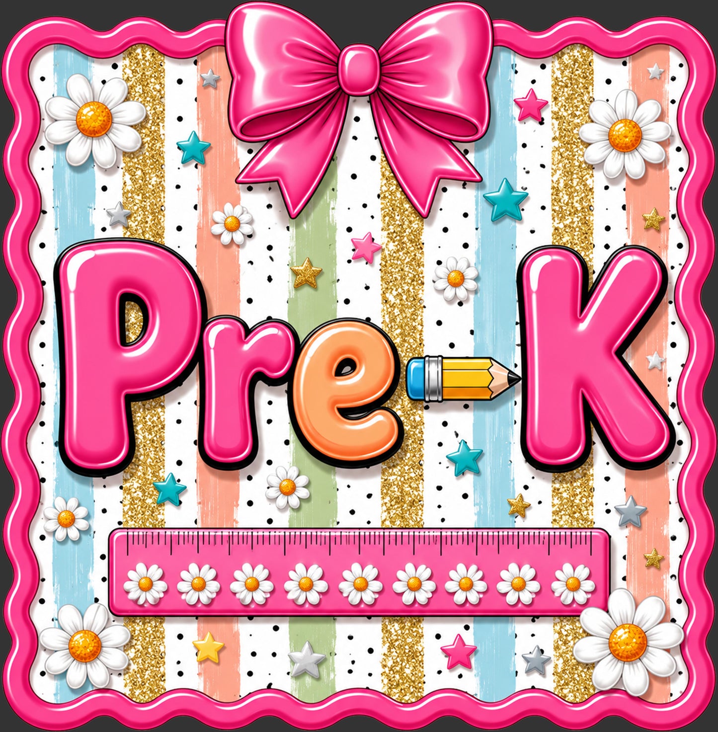 Pre-K DTF transfer with pink bow daisies ruler pencil stars and colorful back to school design