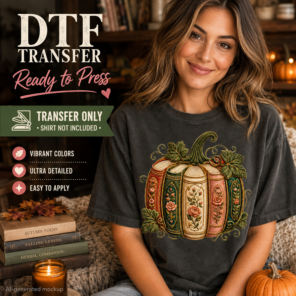 A woman seated indoors wearing a dark charcoal T-shirt with a large illustrated book-pumpkin graphic on the front. The image includes promotional text reading 'DTF TRANSFER Ready to Press' and 'TRANSFER ONLY - SHIRT NOT INCLUDED,' plus icons for vibrant colors, ultra detailed design, and easy to apply.