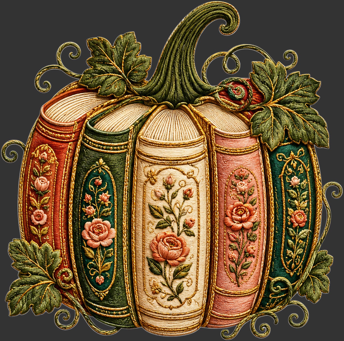 A decorative pumpkin-shaped textile or artwork made from stitched book spines, featuring cream, pink, and green panels with floral embroidery, gold trim, and a green stem, shown on a dark gray background.
