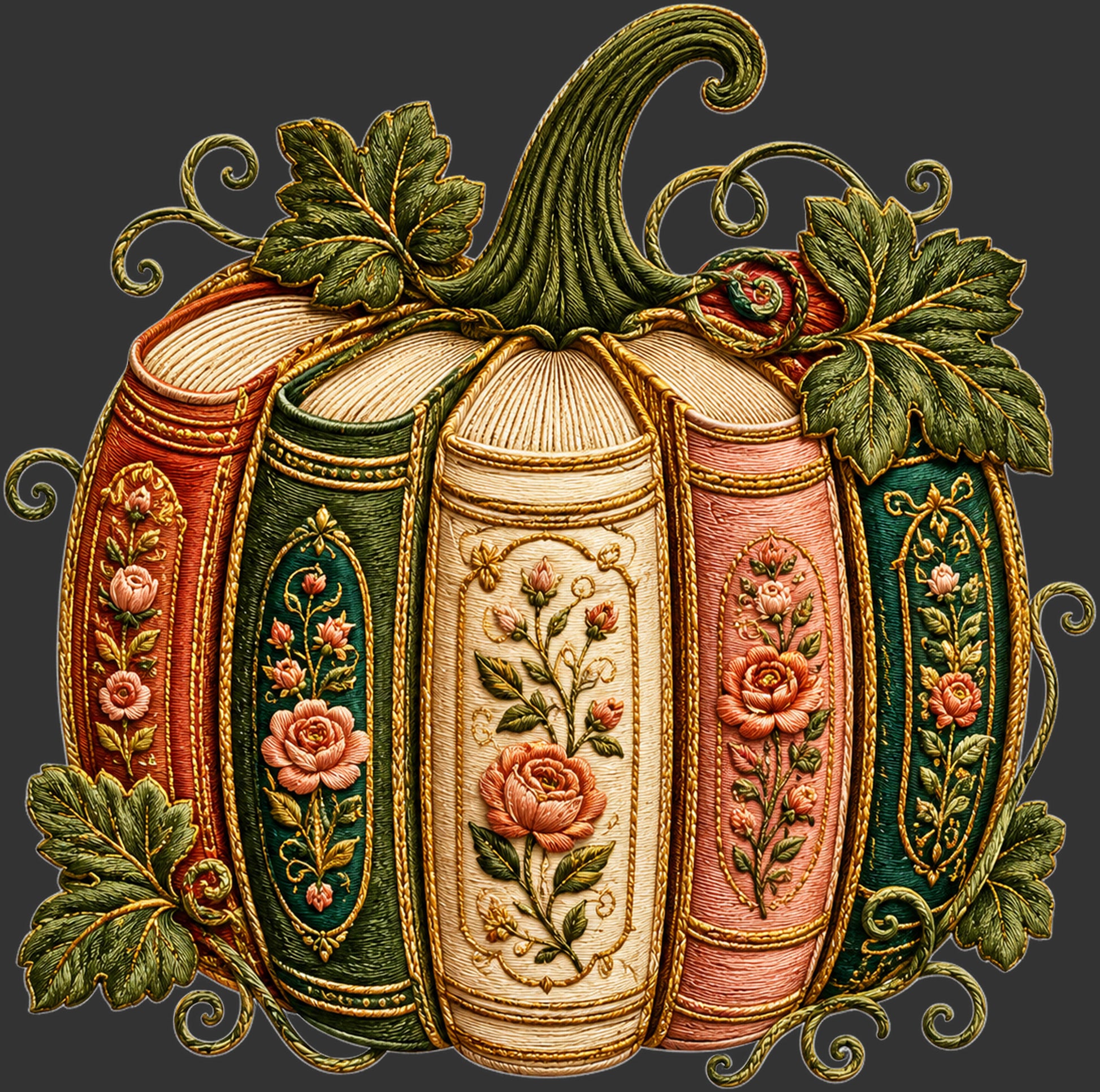 A decorative pumpkin-shaped textile or artwork made from stitched book spines, featuring cream, pink, and green panels with floral embroidery, gold trim, and a green stem, shown on a dark gray background.