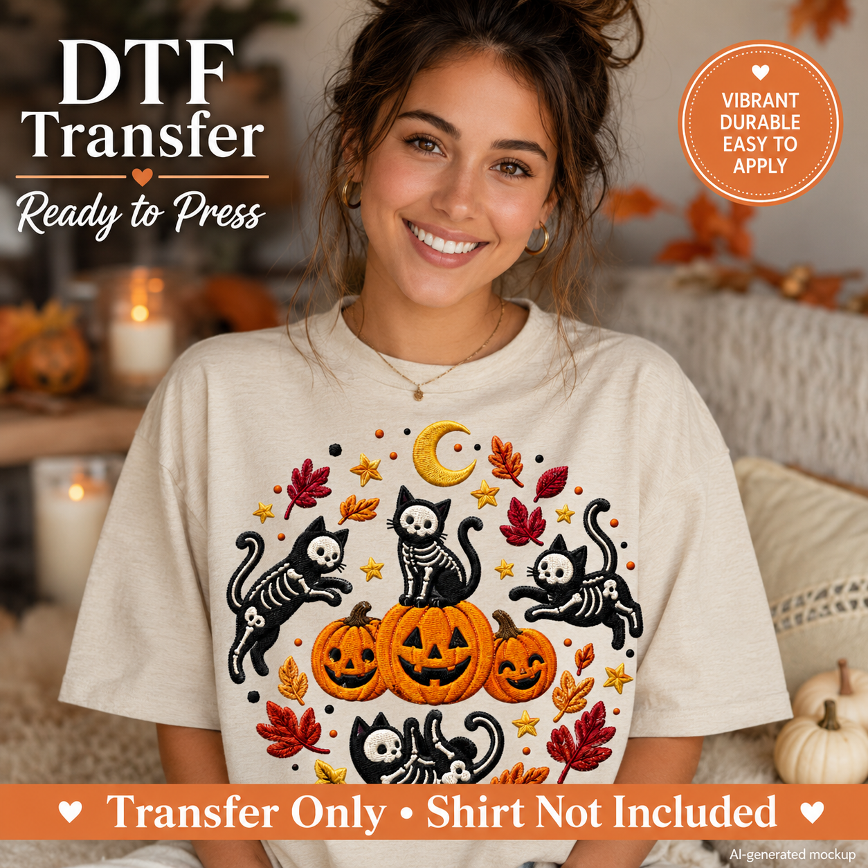 A woman wearing a cream-colored t-shirt with a Halloween-themed DTF transfer graphic of black cats, pumpkins, skeletons, and leaves. The image includes promotional text overlays for a 'DTF Transfer Ready to Press' product.