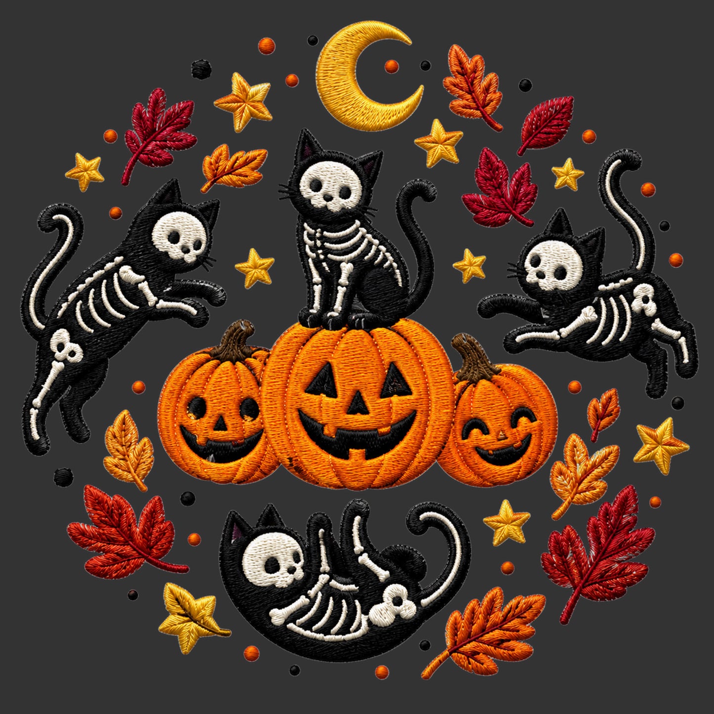Halloween-themed embroidered patch design featuring three black cats with white skeletons, three orange jack-o'-lantern pumpkins, red and gold autumn leaves, stars, and a crescent moon on a dark gray background.