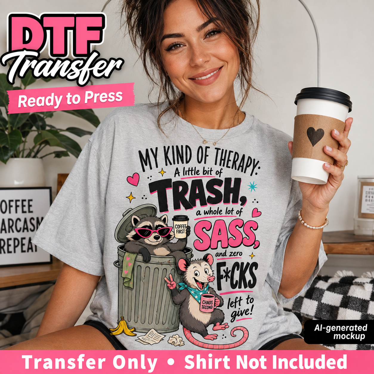 A woman wearing a light gray graphic T-shirt with a funny raccoon and mouse therapy quote, holding a coffee cup in a cozy indoor setting. Prominent text overlays read 'DTF Transfer', 'Ready to Press', and 'Transfer Only • Shirt Not Included'.