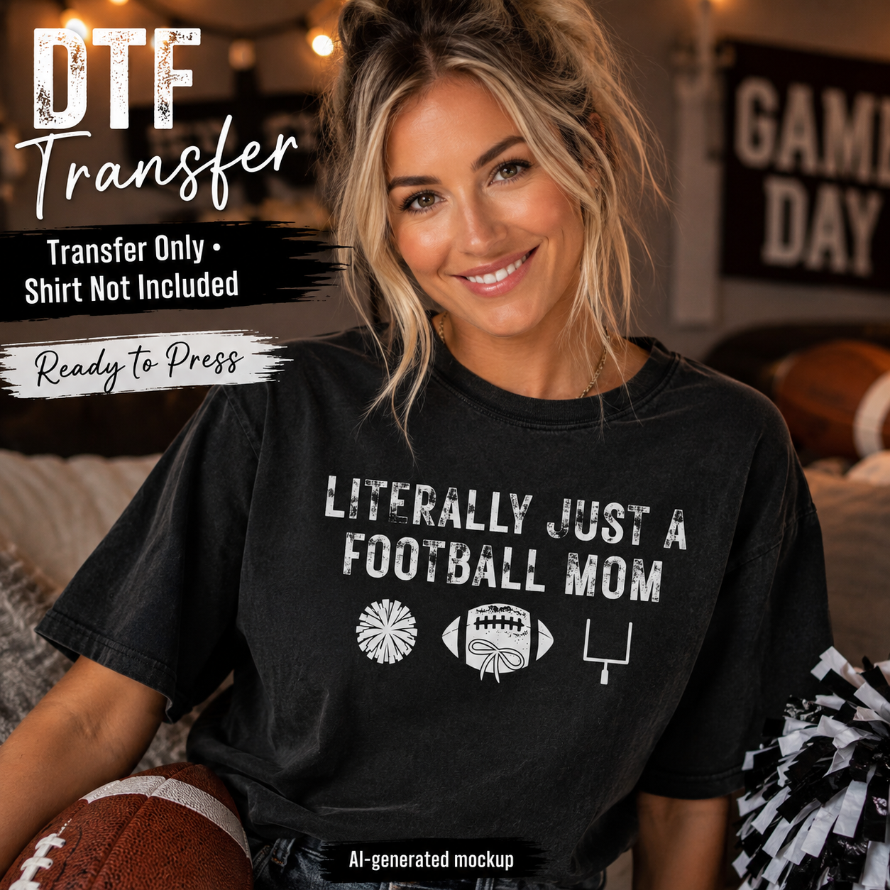A woman wearing a black graphic t-shirt with the text 'LITERALLY JUST A FOOTBALL MOM' and football-themed icons, posed in a cozy indoor setting with a football in her lap. Text overlays indicate 'DTF Transfer', 'Transfer Only Shirt Not Included', and 'Ready To Press'.