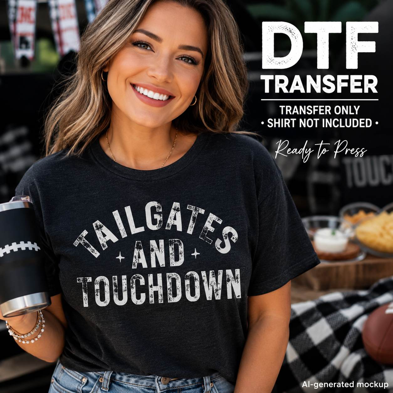 A smiling woman in a black T-shirt with a distressed white 'TAILGATES AND TOUCHDOWN' graphic, holding a black tumbler with a football lace. Large text on the right reads 'DTF TRANSFER', 'TRANSFER ONLY', 'SHIRT NOT INCLUDED', and 'Ready to Press'.