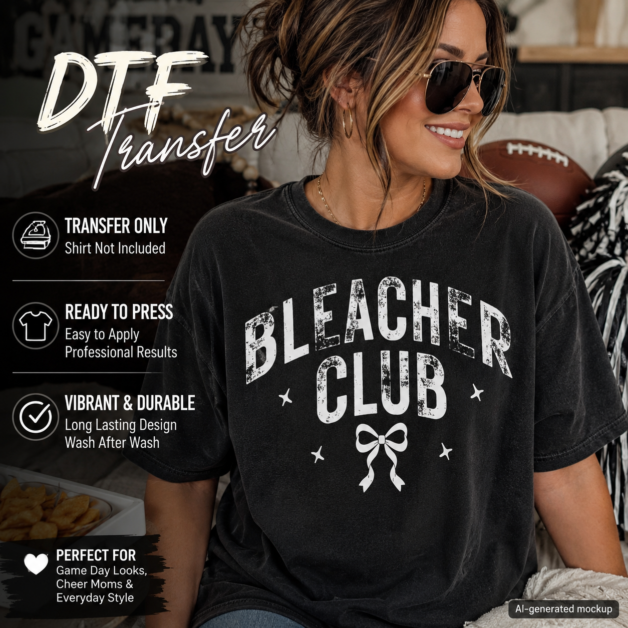 A woman wearing a black graphic T-shirt with a distressed white 'BLEACHER CLUB' print and bow design. The image includes promotional text for a DTF transfer, with icons and claims about the transfer only, ready to press, and vibrant durable design.