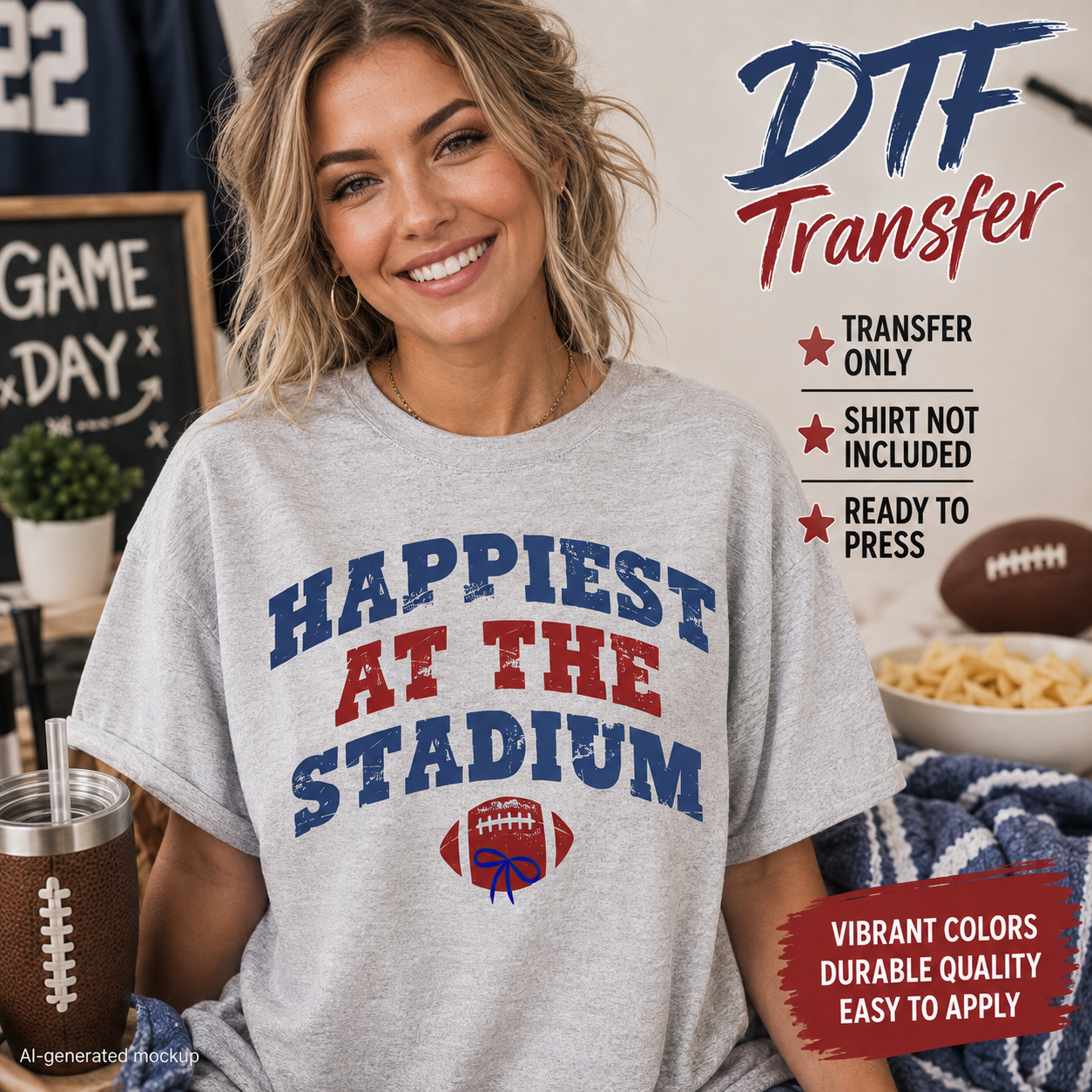 A woman wearing a light gray t-shirt with 'HAPPIEST AT THE STADIUM' printed in red and blue, alongside a football graphic. The image includes promotional text overlays for a DTF (Direct to Film) transfer service.