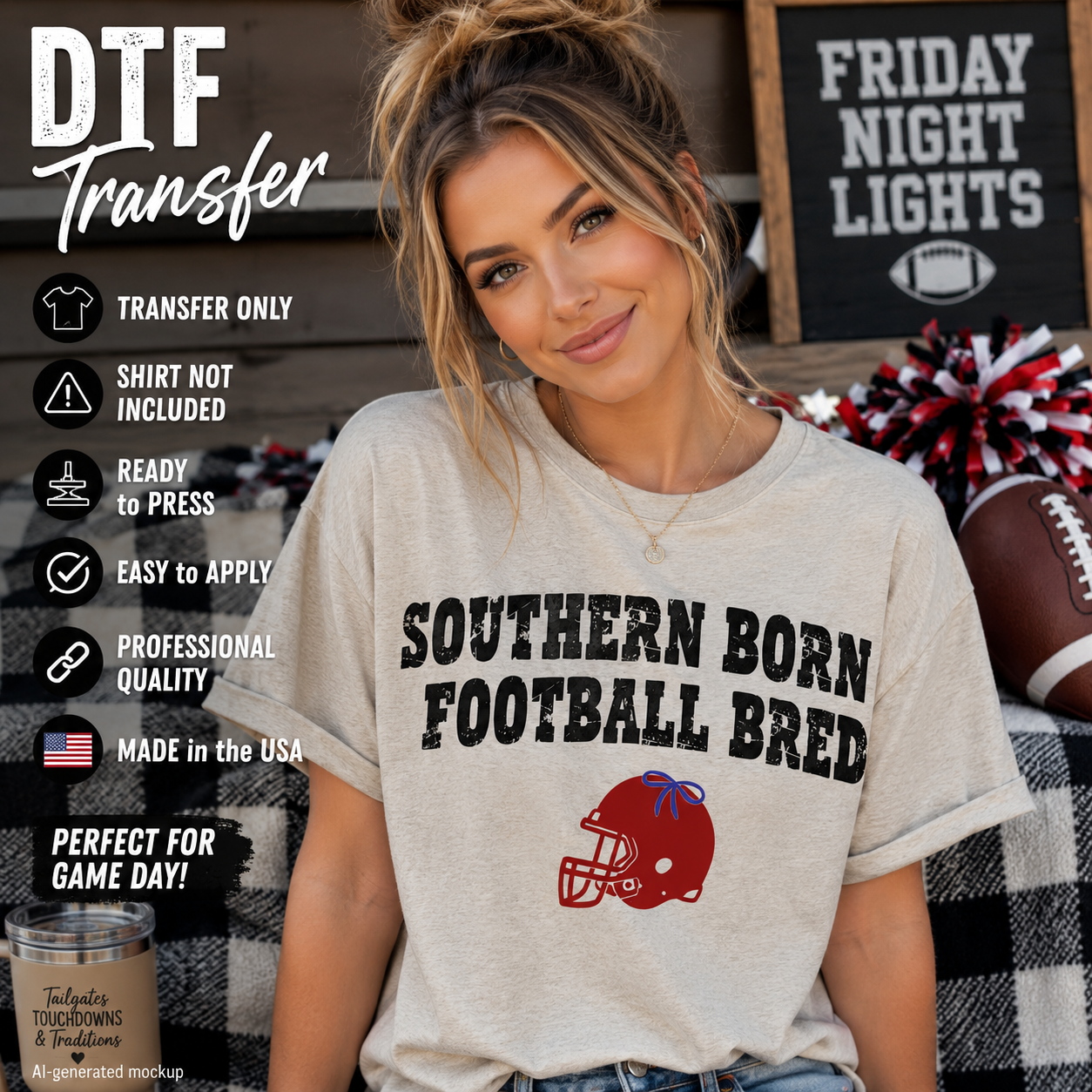 A woman wearing a beige graphic t-shirt with 'SOUTHERN BORN FOOTBALL BRED' and a red helmet logo, set in a football-themed room with a chalkboard, pom-poms, and a football. Text overlays on the left detail the transfer features.