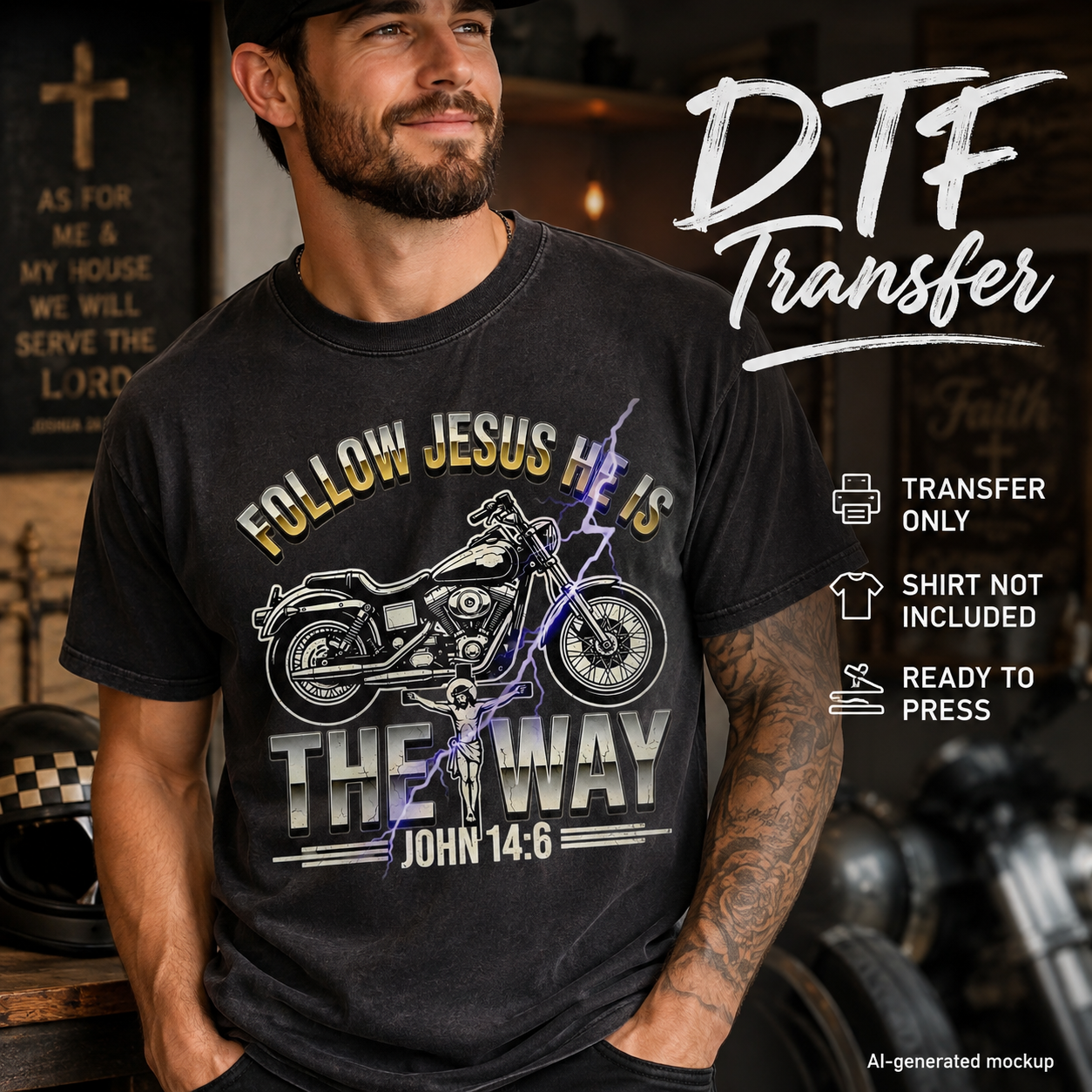 A man wearing a black graphic T-shirt with a motorcycle print and the text 'FOLLOW JESUS HE'S THE WAY JOHN 14:6'. Large overlaid text reads 'DTF Transfer' with icons for transfer-only use, shirt not included, and ready to press, on a dark indoor background.