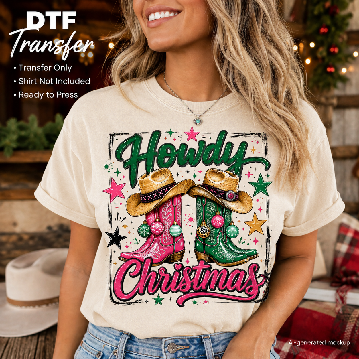 A woman wearing a cream-colored DTF transfer t-shirt with a 'Howdy Christmas' graphic featuring pink and green cowboy boots, two cowboy hats, and colorful stars. The background is a rustic, warm-toned holiday setting with blurred lights and a plaid blanket.