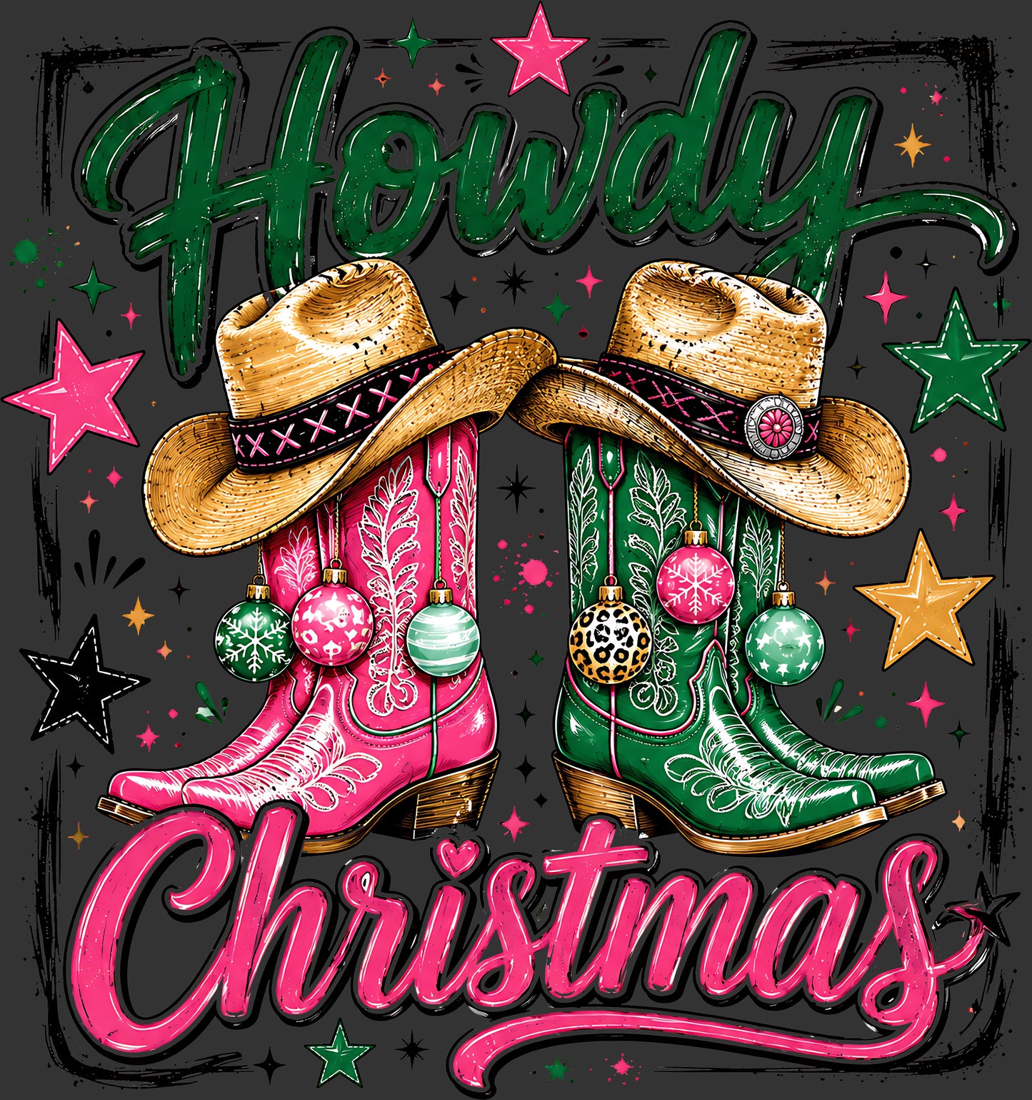 Howdy Christmas cowboy boots hats ornaments Western ready to press DTF transfer