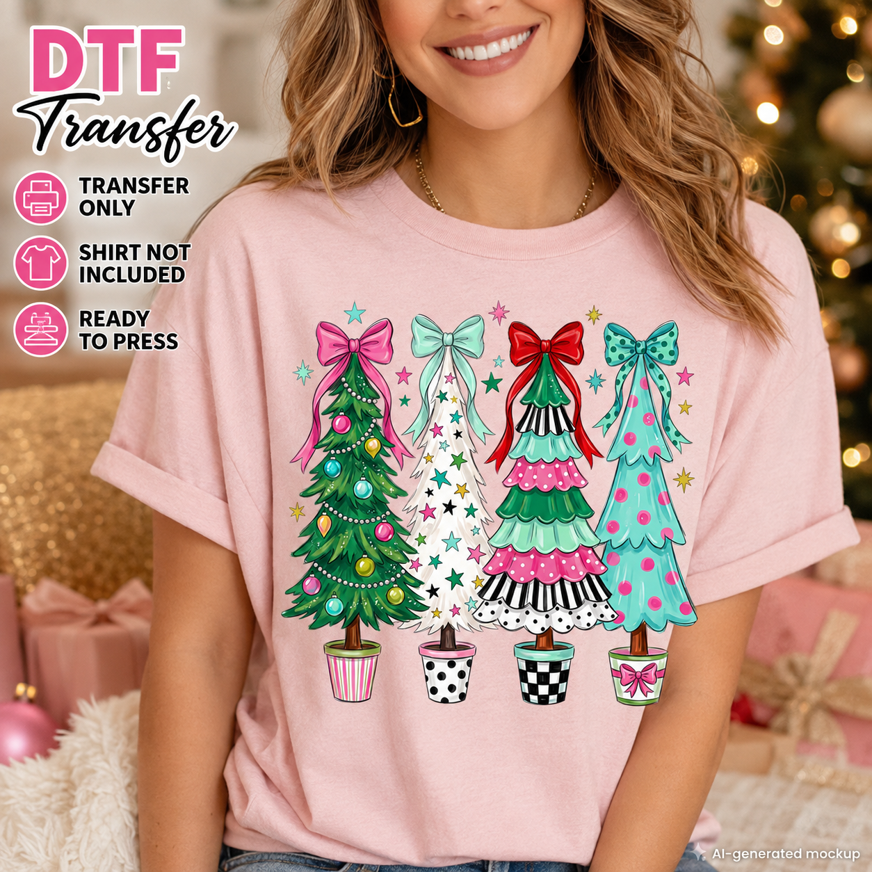 A woman wearing a light pink t-shirt with a colorful graphic of four decorated Christmas trees in potted cups. The graphic features pink, mint green, red, and teal trees with stars and bows.