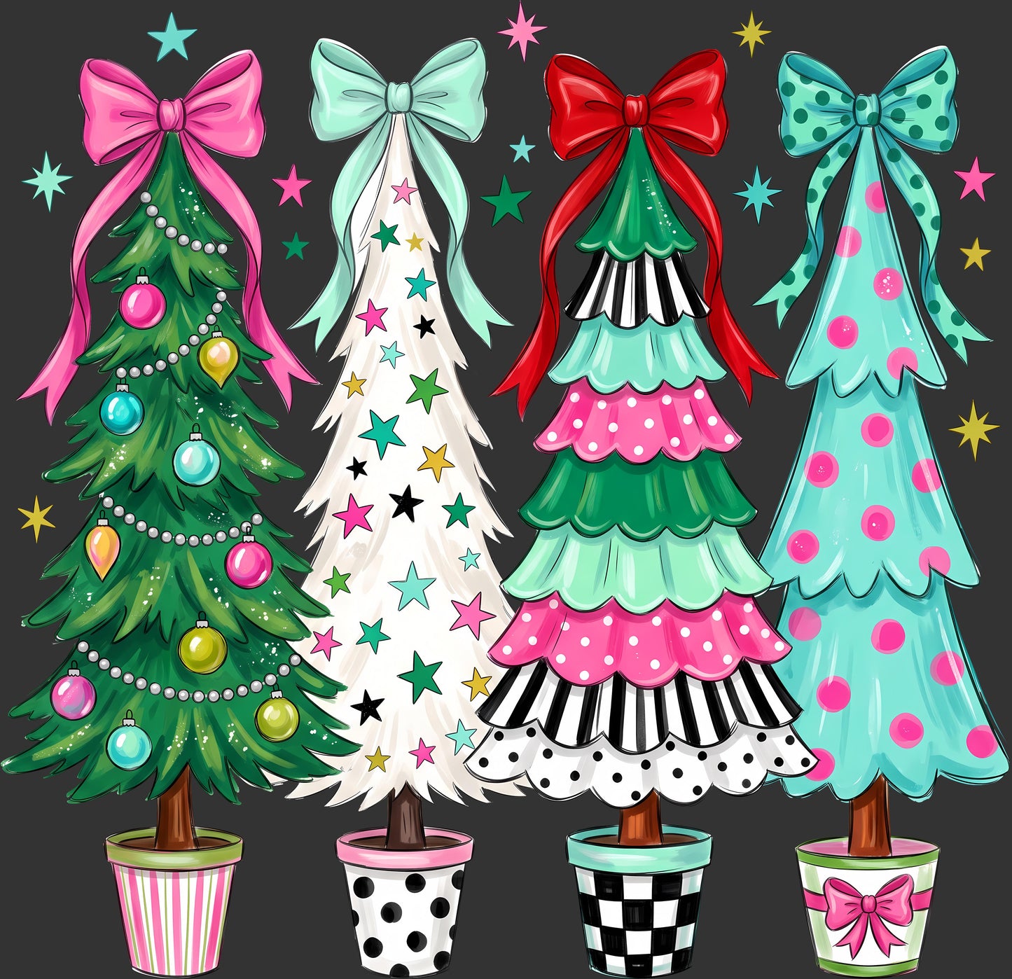 Four whimsical illustrated Christmas trees in colorful pots on a dark gray background, each with a large bow and decorative stars and ornaments.