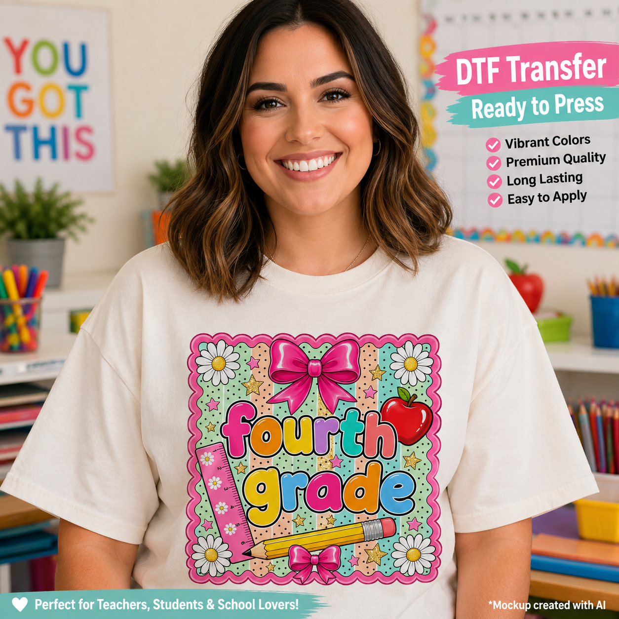 A woman wearing a white T-shirt with a colorful 'Fourth Grade' graphic print, set in a school-themed room with shelves, books, and educational posters. Text overlays highlight the DTF transfer product features.