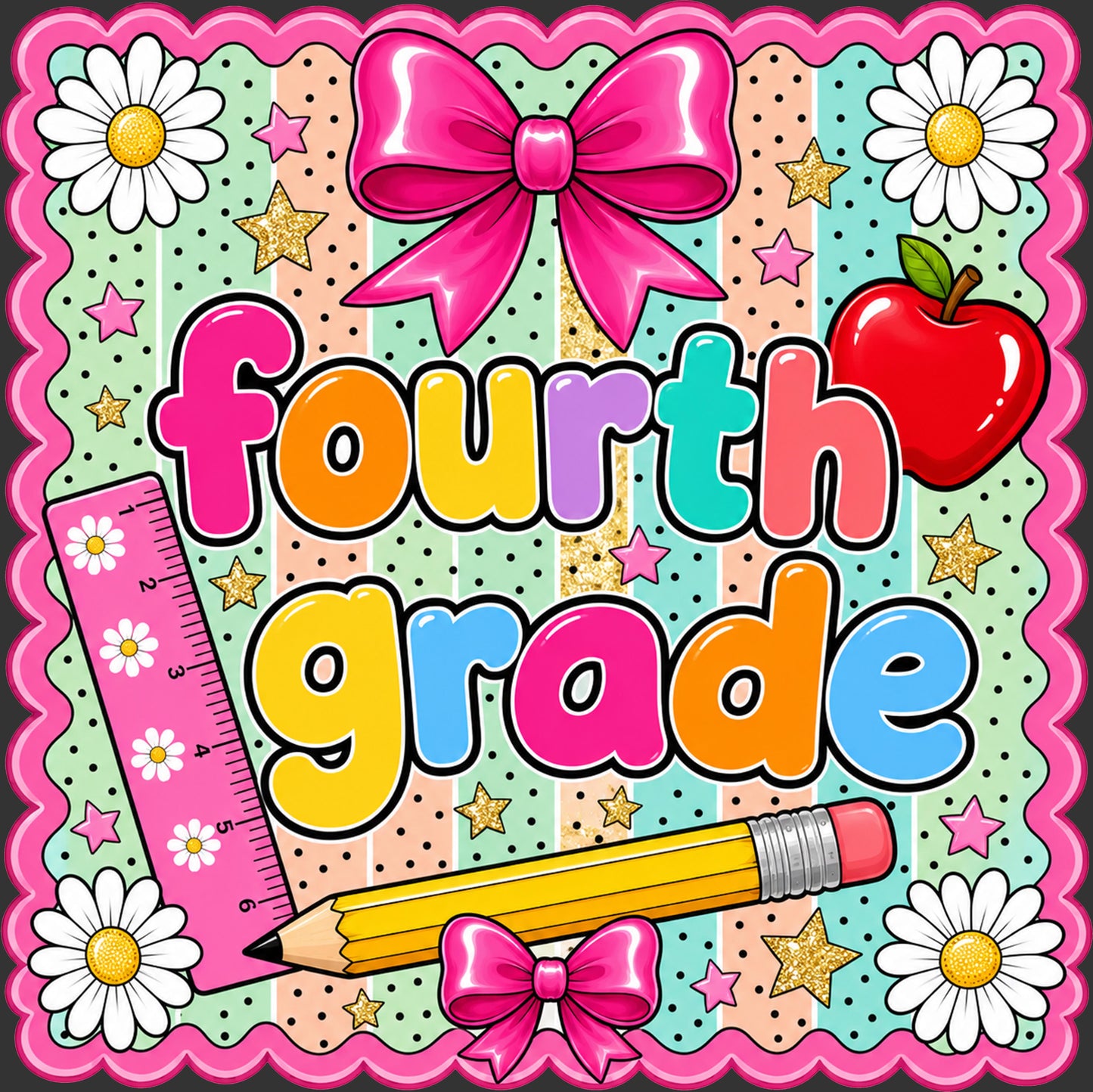 A colorful graphic celebrating 'Fourth Grade' with playful school-themed illustrations including a pink bow, red apple, pink ruler, yellow pencil, white daisies, and stars on a pastel striped background with a pink scalloped border.