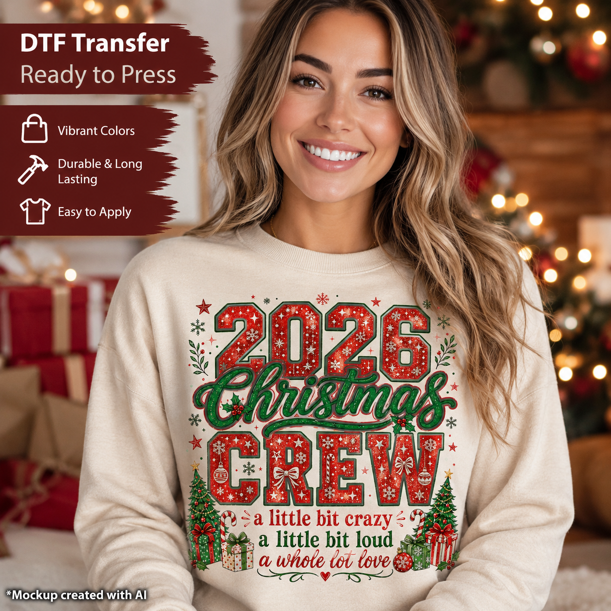 A smiling woman wearing a cream crewneck sweatshirt with a festive '2026 Christmas Crew' graphic, set against a blurred Christmas background with holiday lights and wrapped gifts. Text overlays on the left highlight product features for DTF (Direct to Film) transfers.