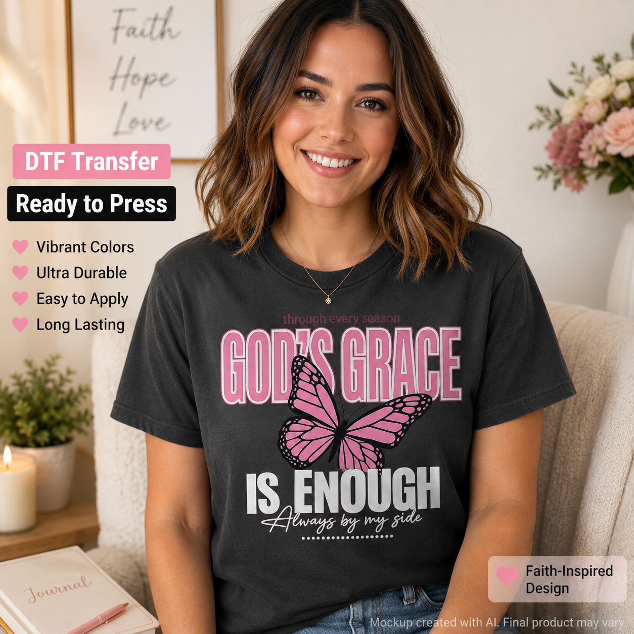 A smiling woman wearing a black graphic T-shirt with a pink and white butterfly design and the text 'GOD'S GRACE IS ENOUGH Always by my side'. The photo is styled in a cozy indoor setting with a framed 'Faith Hope Love' print on the wall, a candle, and flowers.