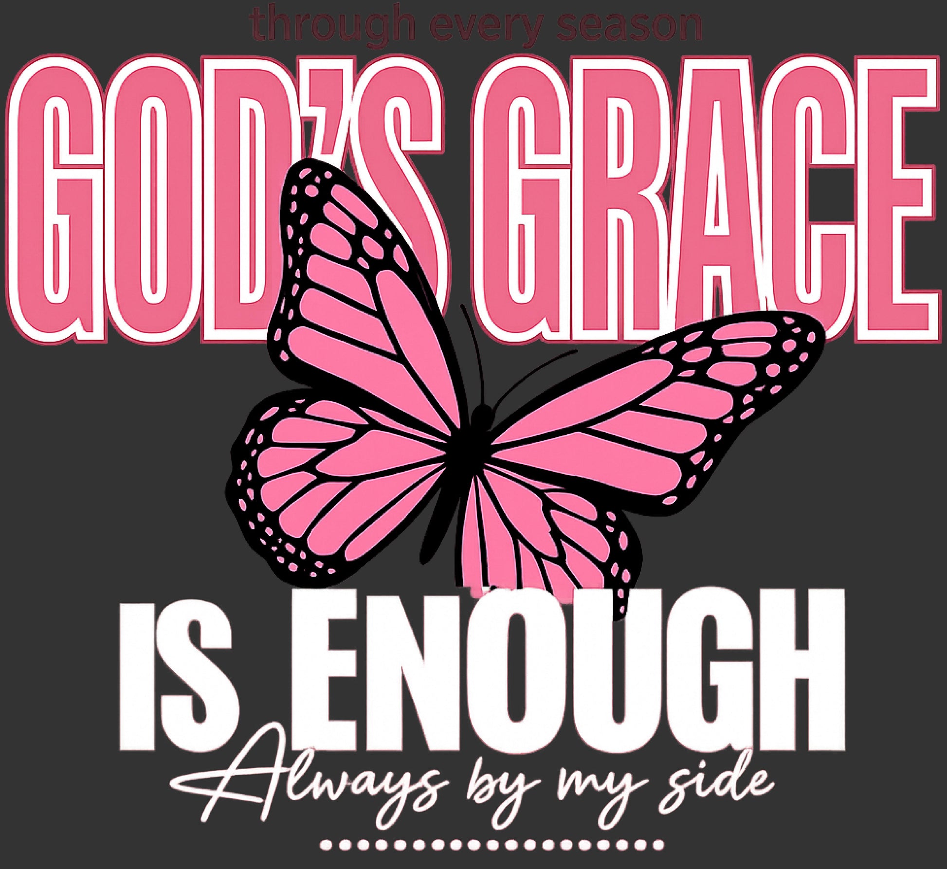 A digital graphic design featuring a pink and black butterfly over the text 'GOD'S GRACE IS ENOUGH Always by my side' on a dark gray background.