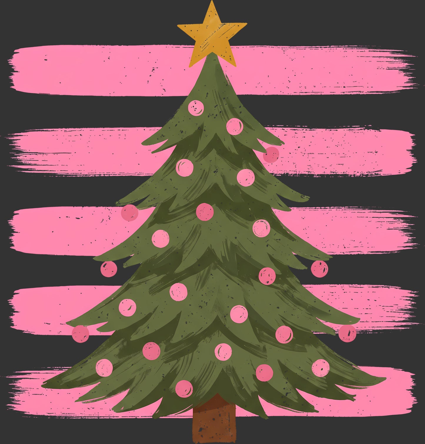 A stylized Christmas tree illustration with a gold star on top, green branches, pink ornaments, and pink brushstroke stripes on a dark charcoal background.
