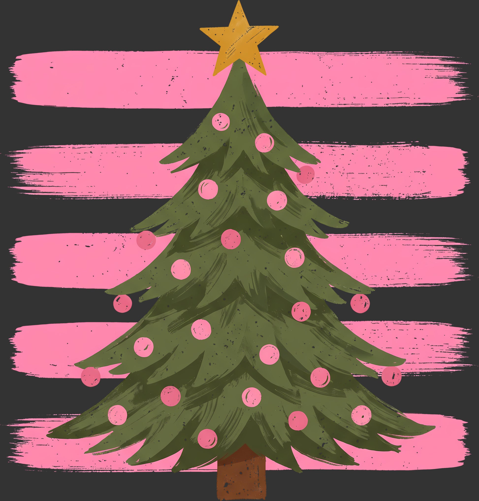 A stylized Christmas tree illustration with a gold star on top, green branches, pink ornaments, and pink brushstroke stripes on a dark charcoal background.