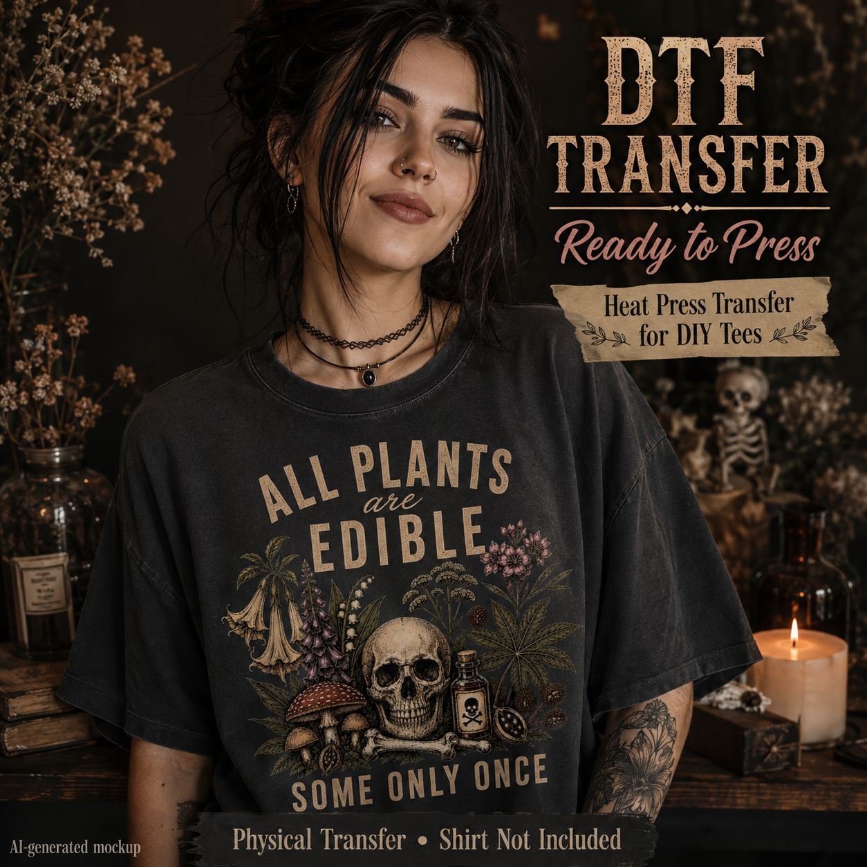 A woman wearing a dark charcoal T-shirt with a vintage-style graphic that reads 'ALL PLANTS ARE EDIBLE' and 'SOME ONLY ONCE,' featuring a skull, mushrooms, and botanical illustration. The image includes promotional text for a heat press transfer and is styled with candles, dried flowers, and rustic decor.