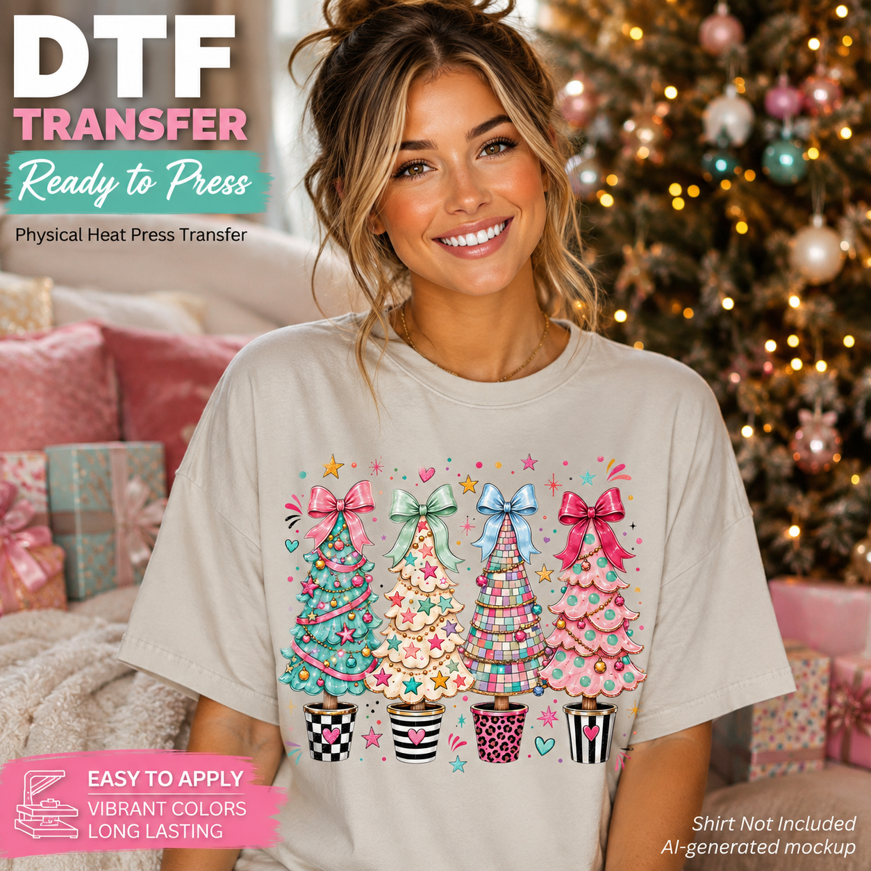 A smiling woman wearing a light beige graphic T-shirt with a colorful Christmas tree print, posed in front of a decorated Christmas tree and wrapped gifts. Text overlays advertise 'DTF TRANSFER Ready To Press' and note the shirt is not included.