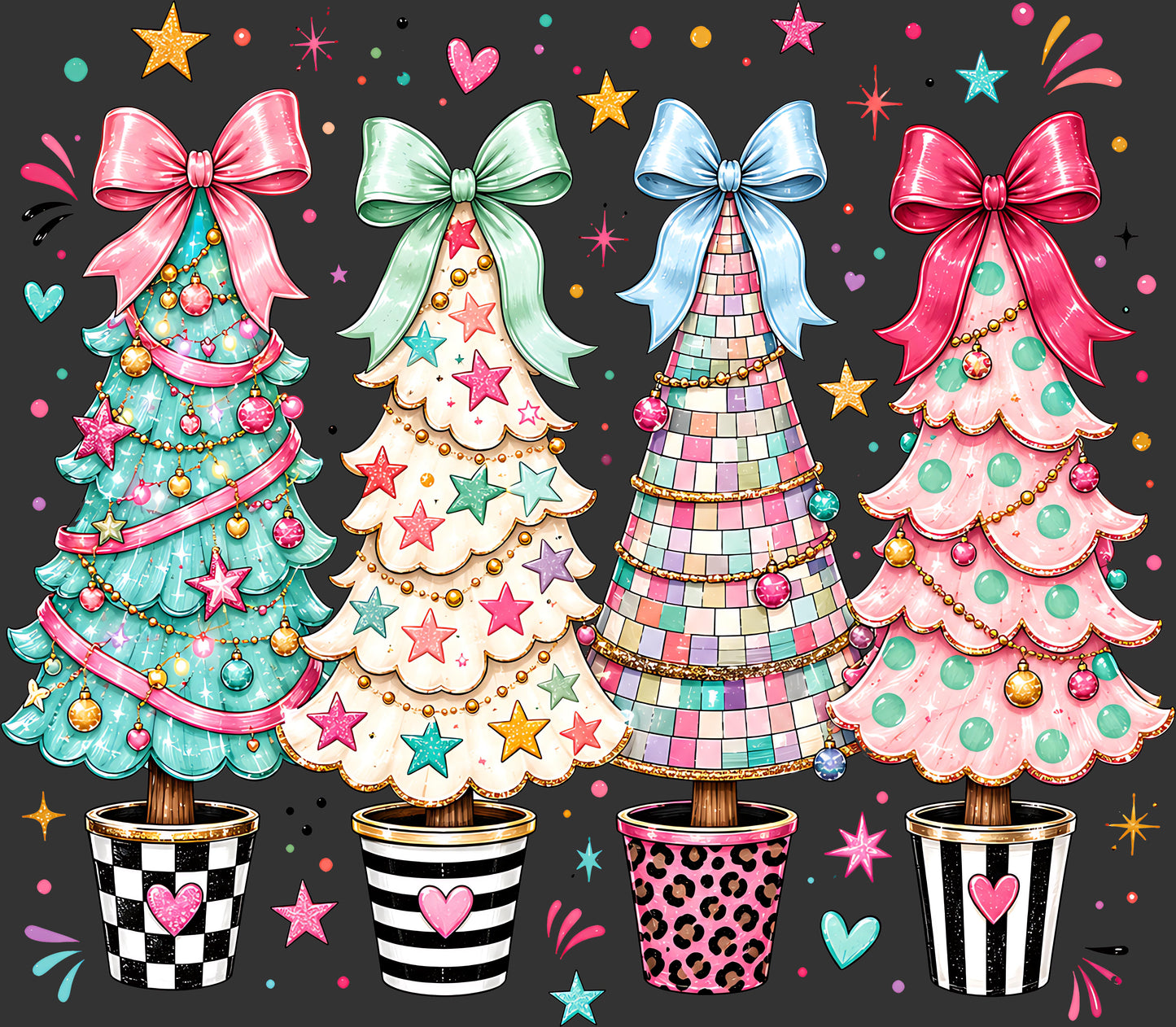 Four whimsical Christmas trees in colorful patterned pots against a dark gray background with stars and confetti. The trees are decorated with large bows in pink, mint green, light blue, and dark pink, and feature pastel patterns, stars, and ornaments.