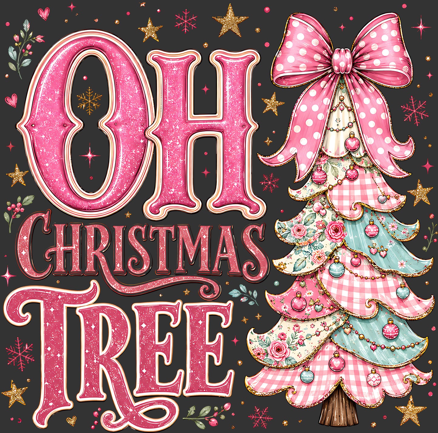 A festive graphic design featuring the words 'OH CHRISTMAS TREE' in large pink glitter-style letters next to an illustrated Christmas tree with pink polka-dot ribbon, pink-and-white gingham layers, mint green plaid sections, and gold star accents on a dark gray background.