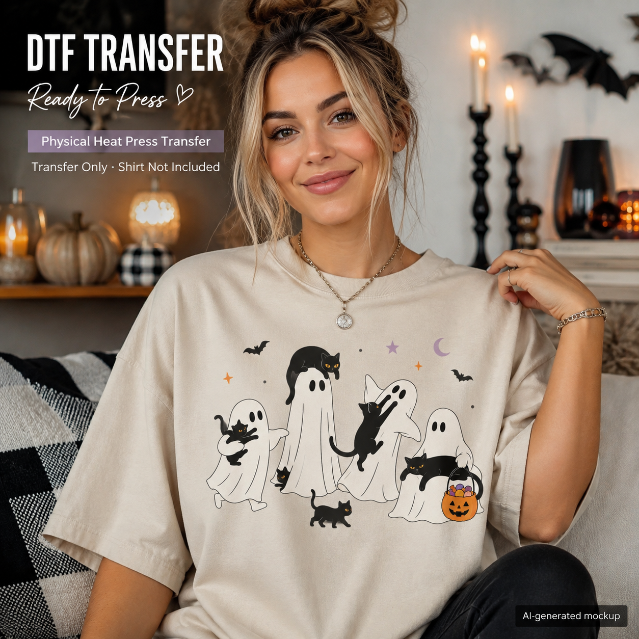 A woman wearing a beige graphic T-shirt with a Halloween print of ghosts, cats, bats, and a pumpkin. The image includes promotional text for a DTF transfer and shows a cozy, lit holiday room background.