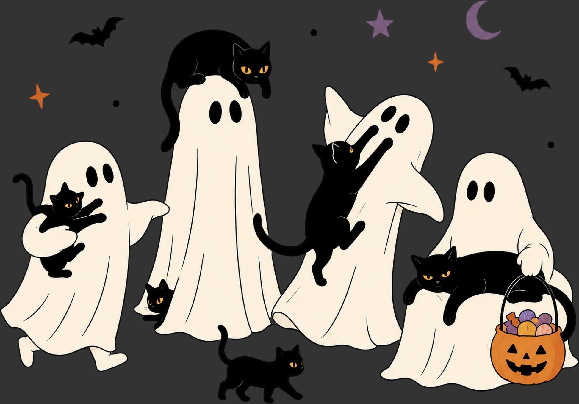 Halloween illustration featuring cartoon ghosts and black cats in a spooky night scene with bats, stars, a crescent moon, and a pumpkin bucket of treats on a dark gray background.
