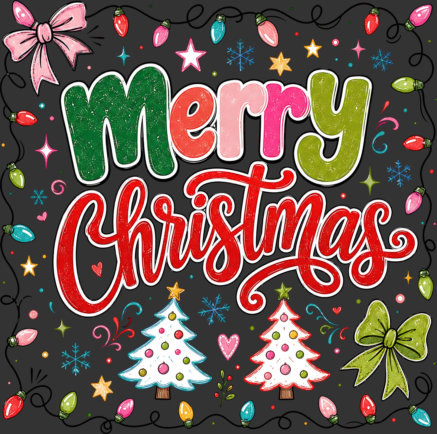 A festive Christmas graphic with the words “Merry Christmas” in large glittery and brush-lettered colors on a dark gray background, surrounded by colorful ornaments, stars, snowflakes, two decorated Christmas trees, and bows.