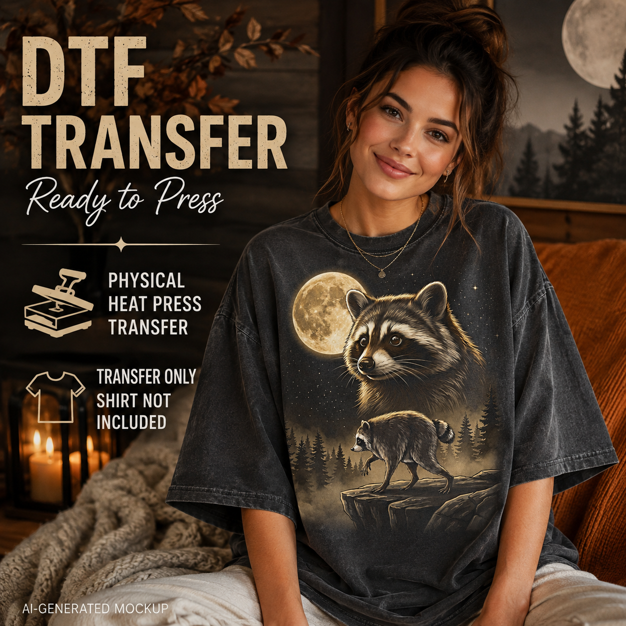 A woman wearing an oversized dark charcoal T-shirt with a large raccoon and moon graphic, posed in a cozy bedroom setting with text overlays about DTF transfer readiness.