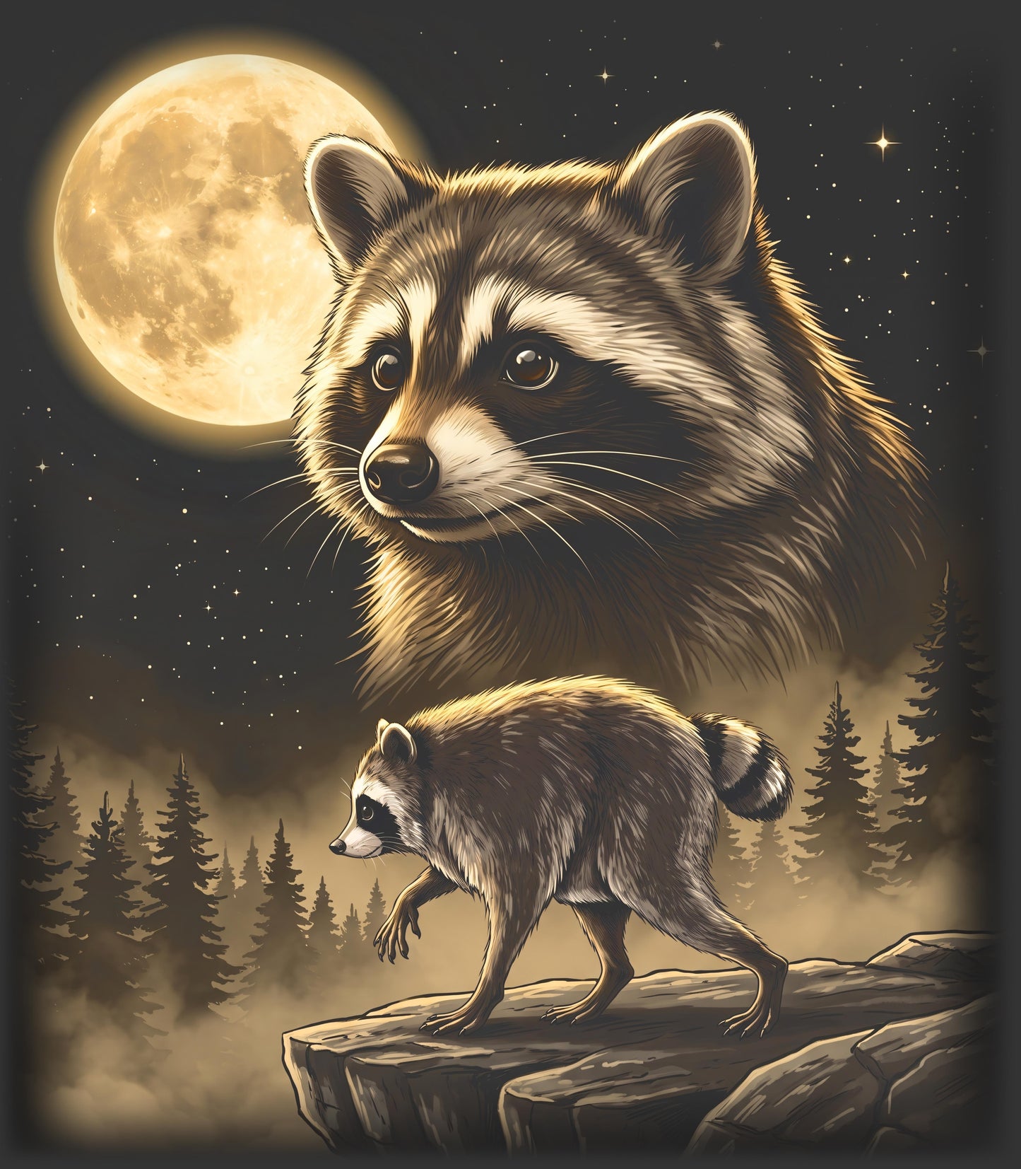 A stylized night scene showing two raccoons in a forest under a large full moon. A large raccoon face appears in the upper right, while a smaller raccoon walks along a rocky ledge in the foreground.