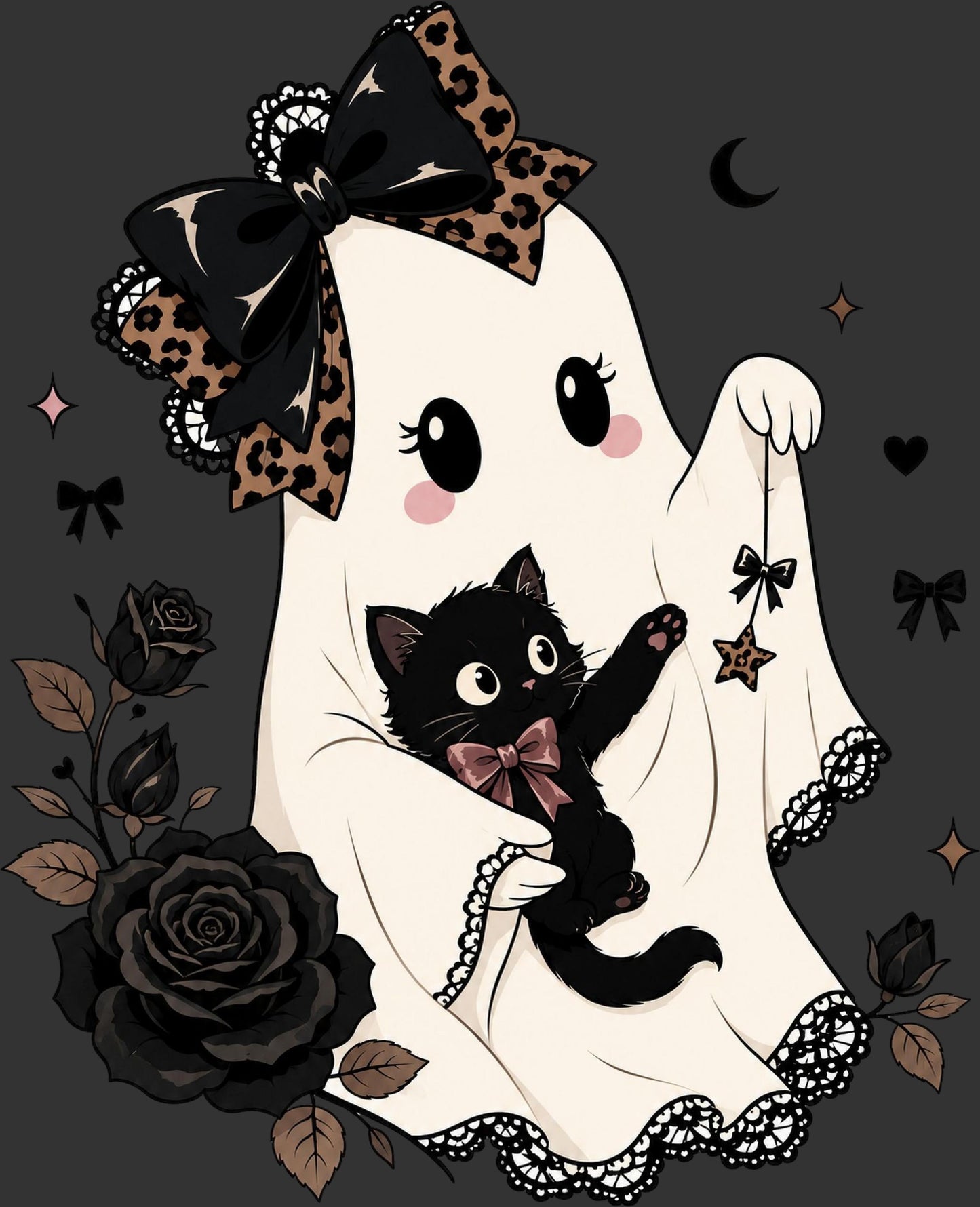Gothic cartoon illustration of a white ghost with a large black and leopard-print bow, holding a black kitten with a pink bow, surrounded by black roses and stars on a dark gray background.