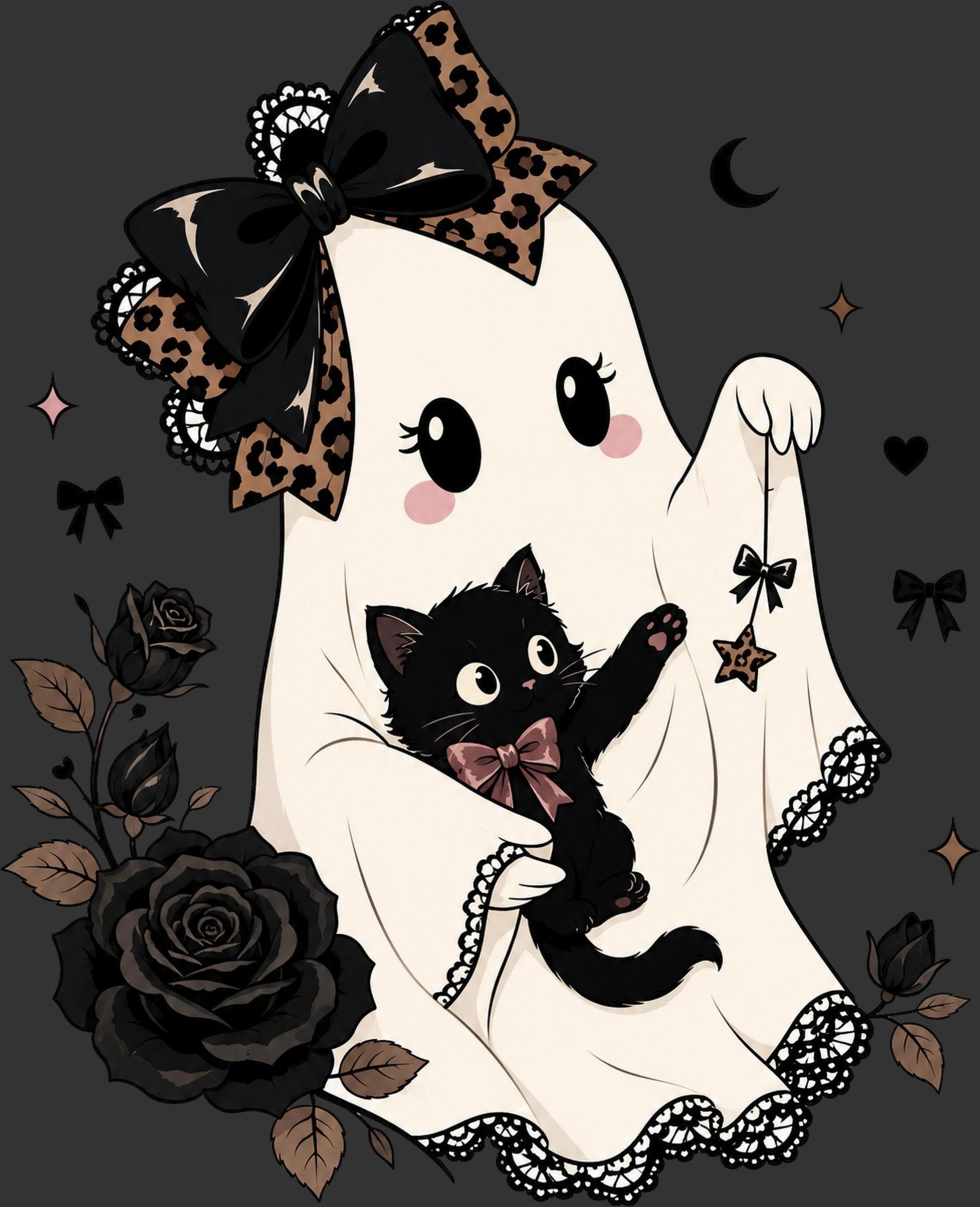 Gothic cartoon illustration of a white ghost with a large black and leopard-print bow, holding a black kitten with a pink bow, surrounded by black roses and stars on a dark gray background.
