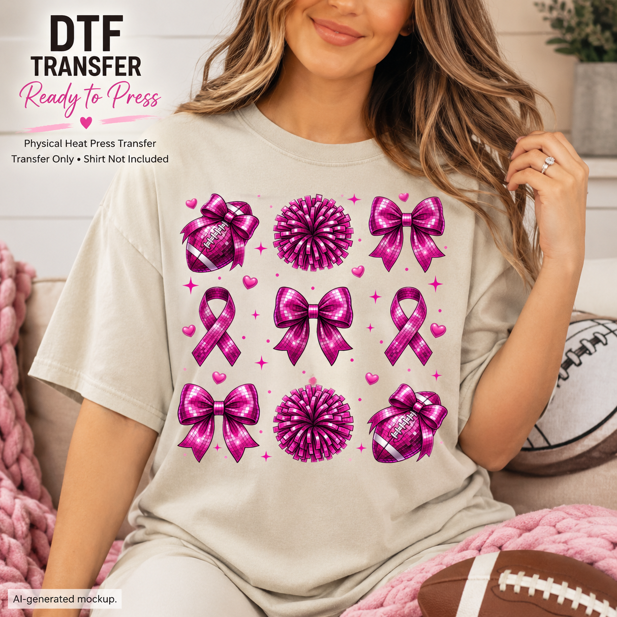 A woman wearing a light beige t-shirt with a graphic print of pink glitter bows, pom-poms, and awareness ribbons, sitting on a couch with a football and blanket.