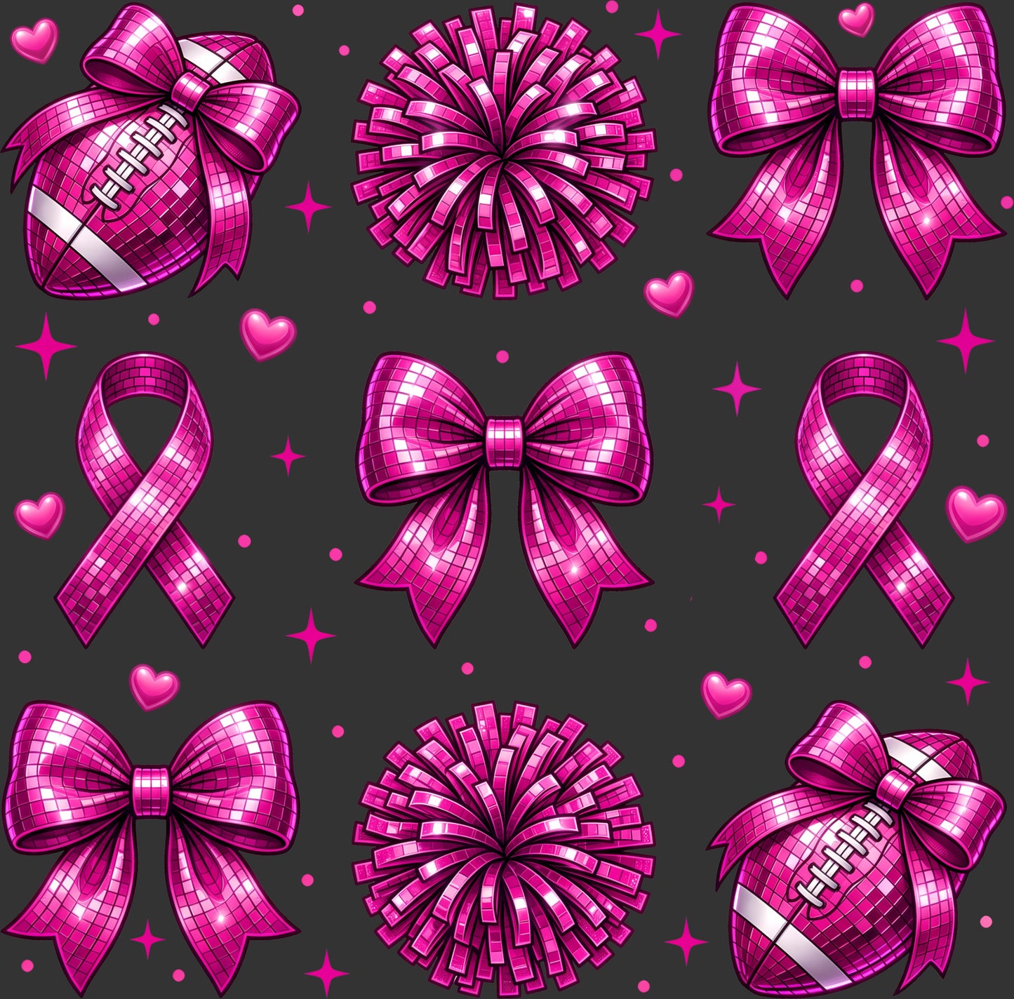 A repeating pattern of bright pink sequined cheer-themed icons on a dark gray background, including bows, pom-poms, awareness ribbons, hearts, and footballs.