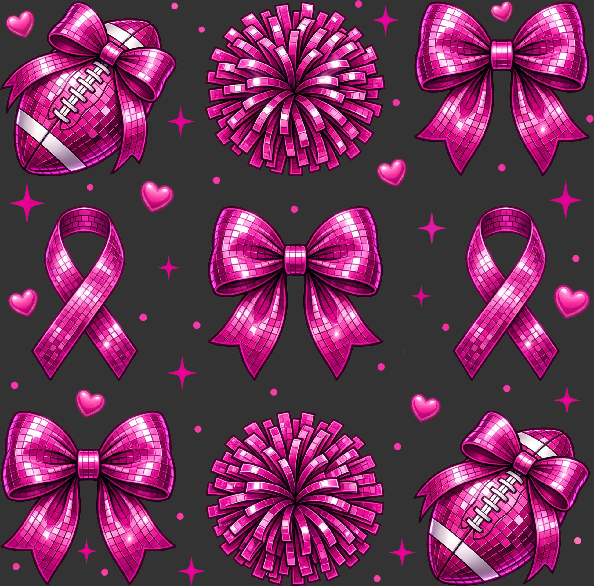 A repeating pattern of bright pink sequined cheer-themed icons on a dark gray background, including bows, pom-poms, awareness ribbons, hearts, and footballs.