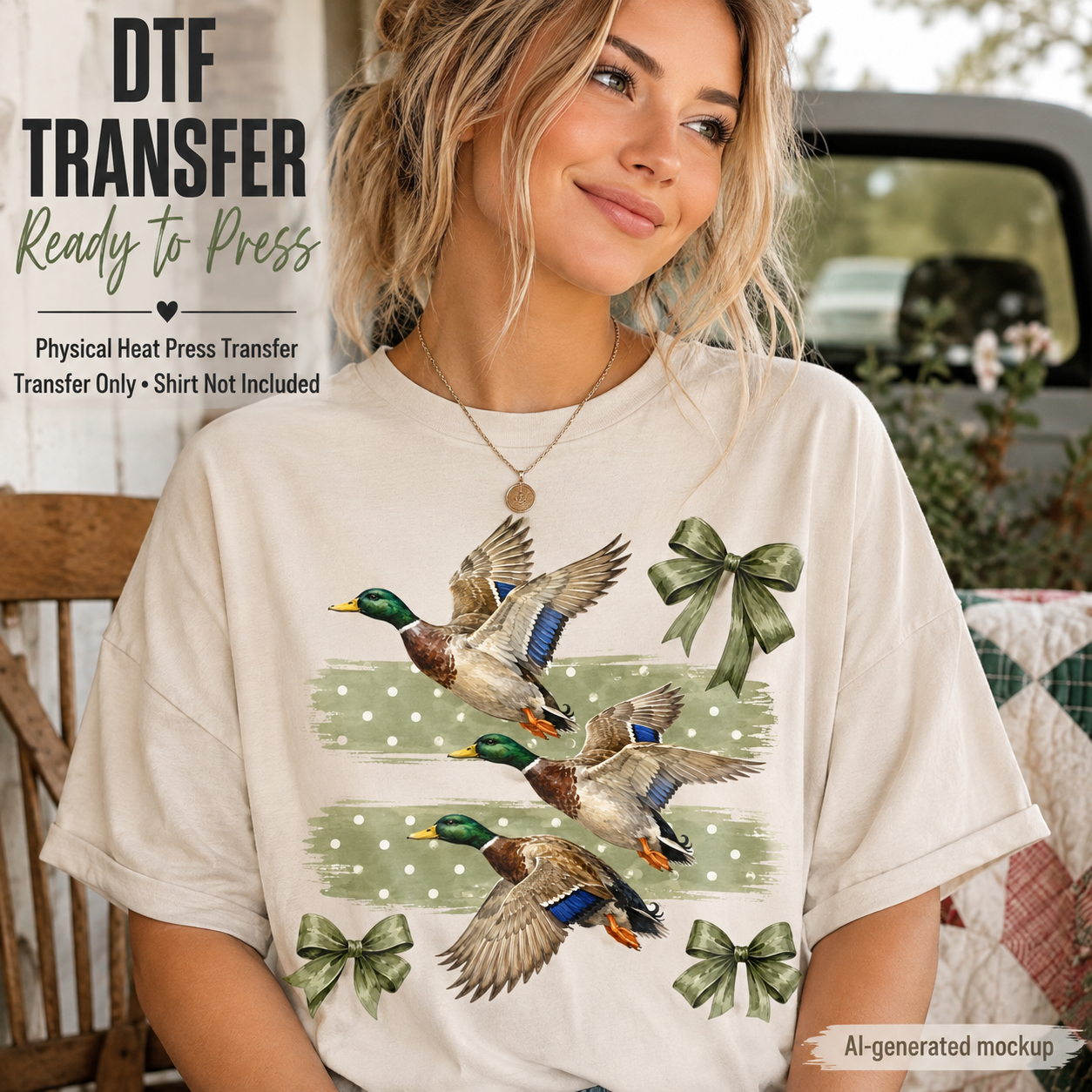 A woman wearing a cream-colored t-shirt with a graphic print of three mallards and green bows, set against a rustic outdoor background. Text overlays on the left read 'DTF TRANSFER Ready To Press' and 'Physical Heat Press Transfer Shirt Only Included'.