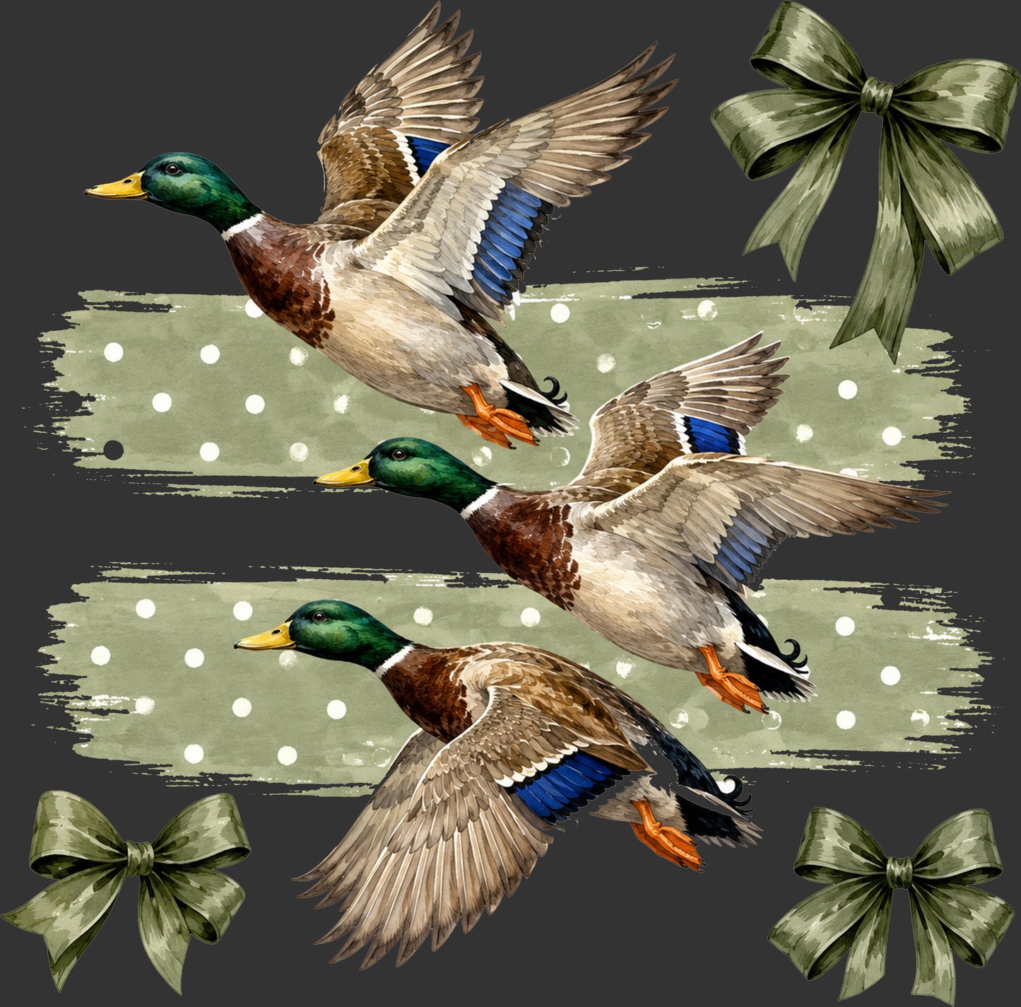 Three flying mallards arranged diagonally over olive green brushstroke panels with white polka dots, surrounded by olive green ribbon bows on a dark gray background.