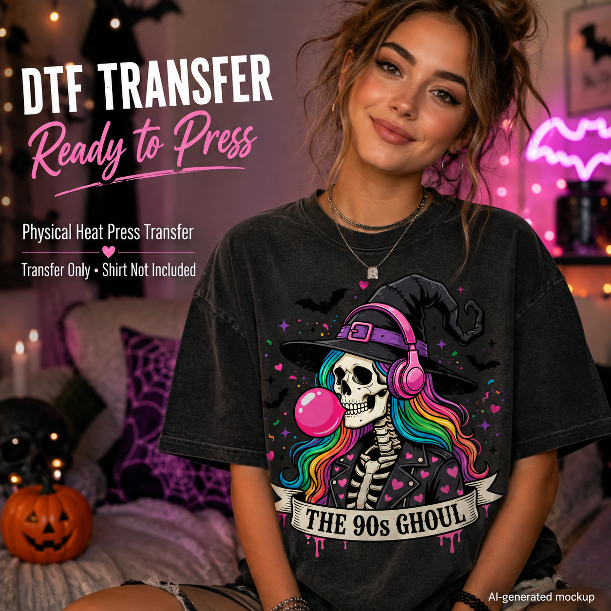 A woman wearing a black graphic t-shirt with a Halloween-themed design of a skeleton witch with rainbow hair and a pink bubblegum bubble. The background is a cozy, dimly lit bedroom with pink ambient lighting, a pumpkin, and spider decorations.