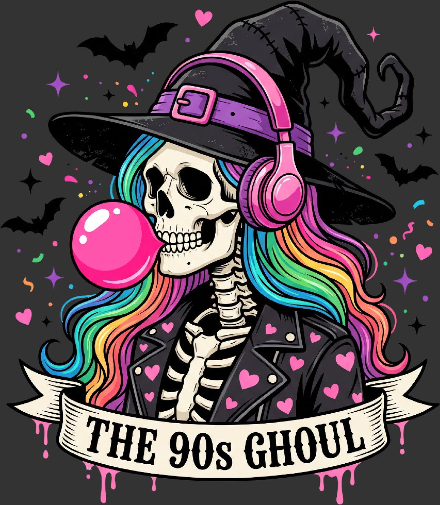 A stylized cartoon skeleton wearing a black witch hat, pink headphones, and a black jacket with pink heart details, blowing a pink bubblegum bubble. The text 'THE 90s GHOUL' appears on a banner at the bottom, with bats, stars, and confetti on a dark gray background.