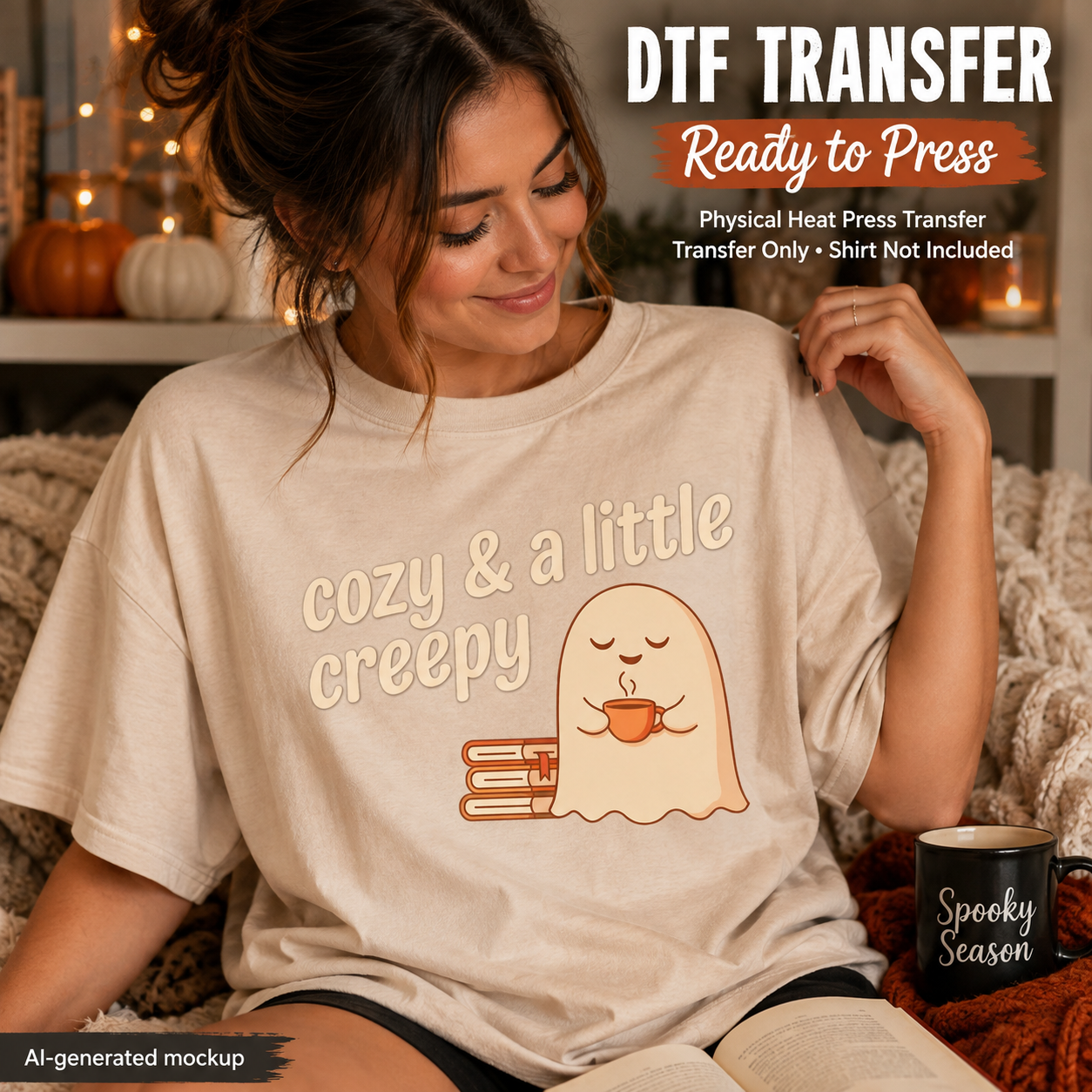A woman wearing a beige graphic T-shirt in a cozy indoor setting. The shirt features a ghost holding a cup next to stacked books with the text 'cozy & a little creepy'.